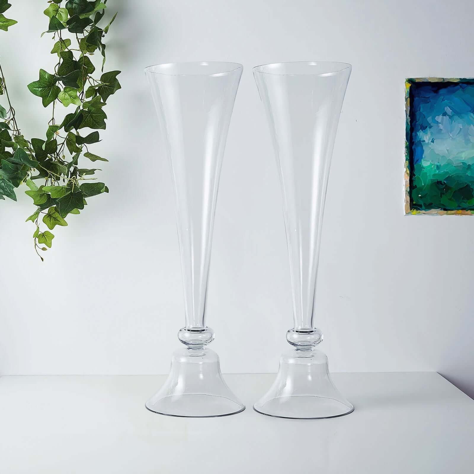 Set of 2 Glass Trumpet Vases Reversible Clarinet Style Clear - Stylish Flower Centerpieces for Events 32