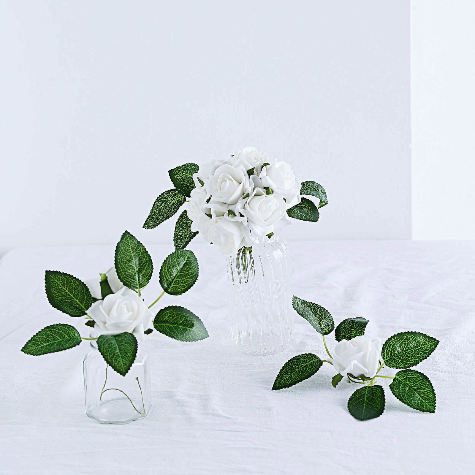 24 Roses 2 White Artificial Foam Flowers With Stem Wire and Leaves