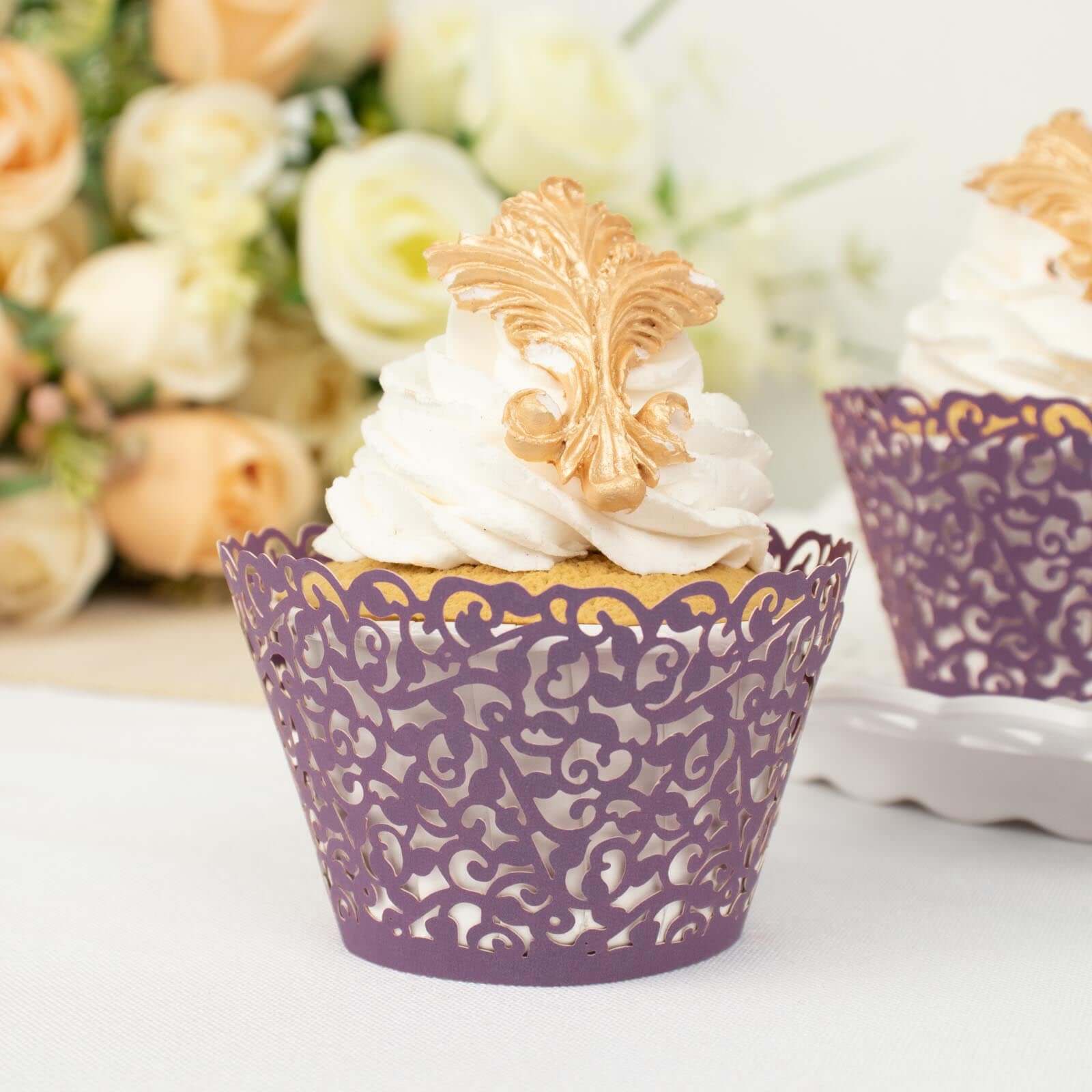 25-Pack Paper Cupcake Wrappers Lace Laser Cut Design Purple - Muffin Baking Cup Trays for Events