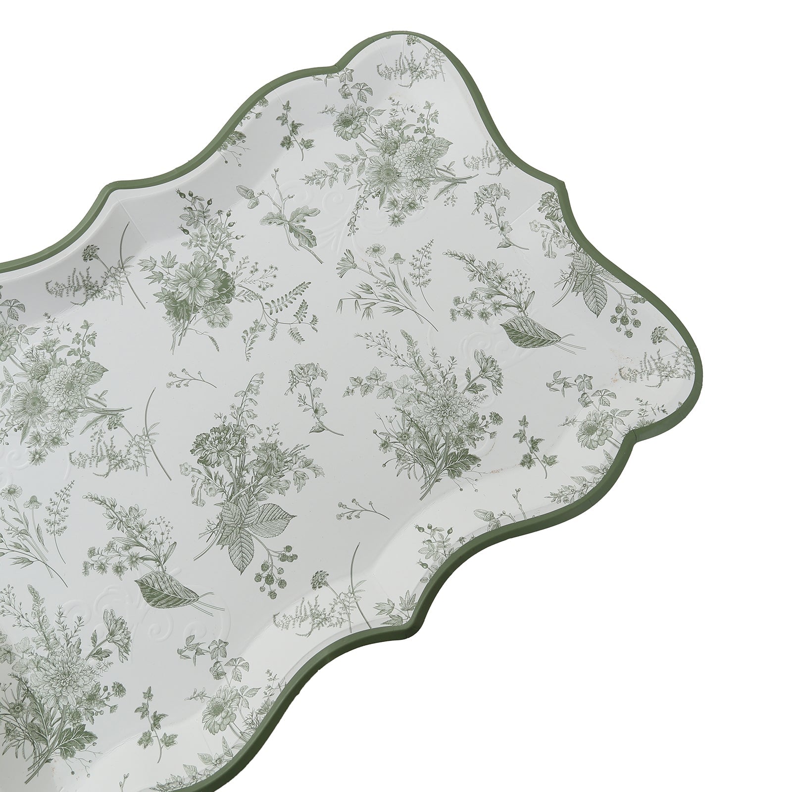 10-Pack Paper 14x10 Rectangle Serving Trays White/Sage Green - Heavy Duty Disposable 400GSM Cardboard Party Platters with French Toile Pattern for Weddings & Parties
