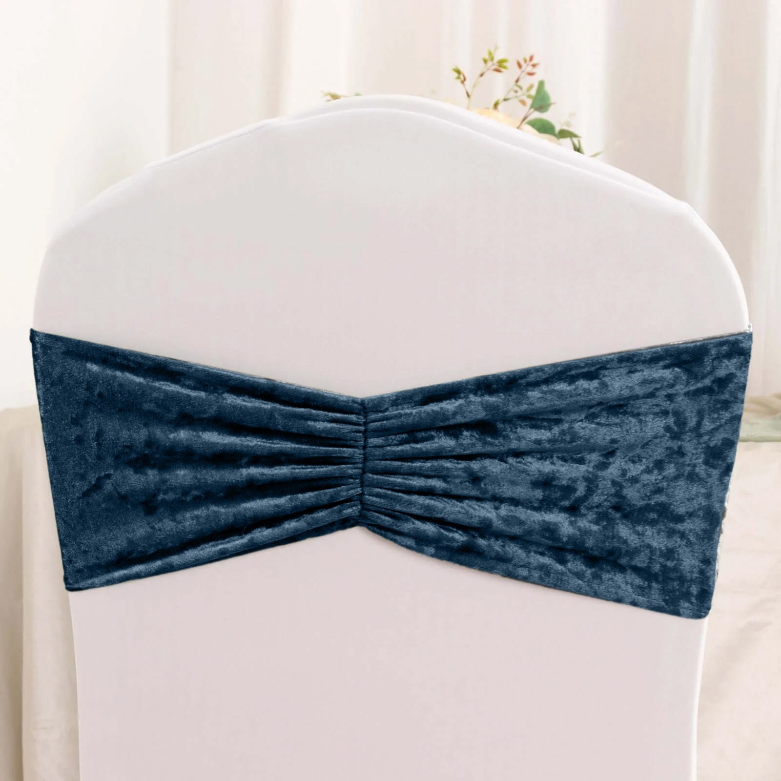 5 Pack Premium Crushed Velvet Chair Sashes Navy Blue Ruffle Style - Wrinkle-Free Textured Stretch Chair Bands