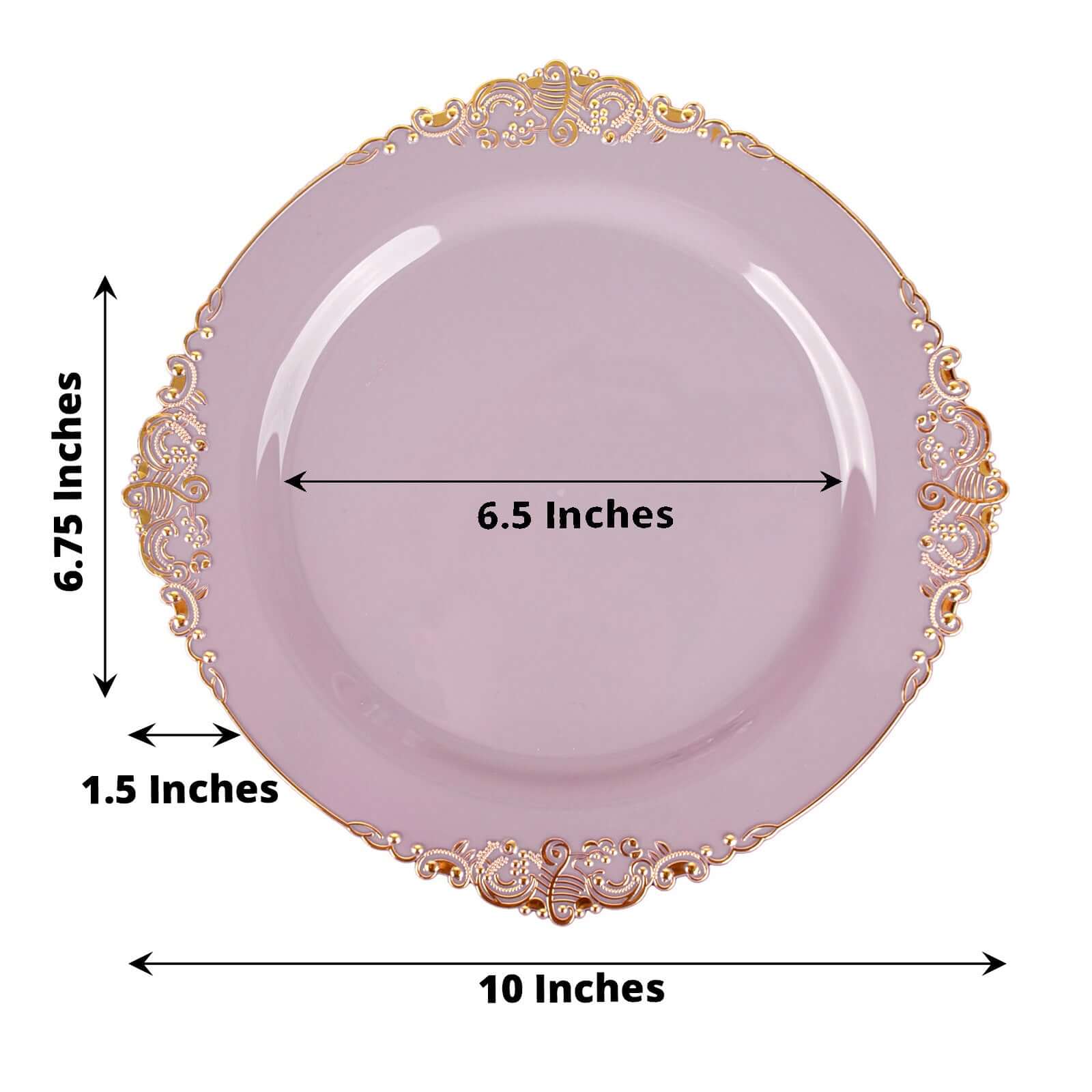 10-Pack Plastic 10 Round Dinner Plates in Lavender Lilac with Gold Leaf Embossed Rim - Disposable Vintage Baroque Style Plates