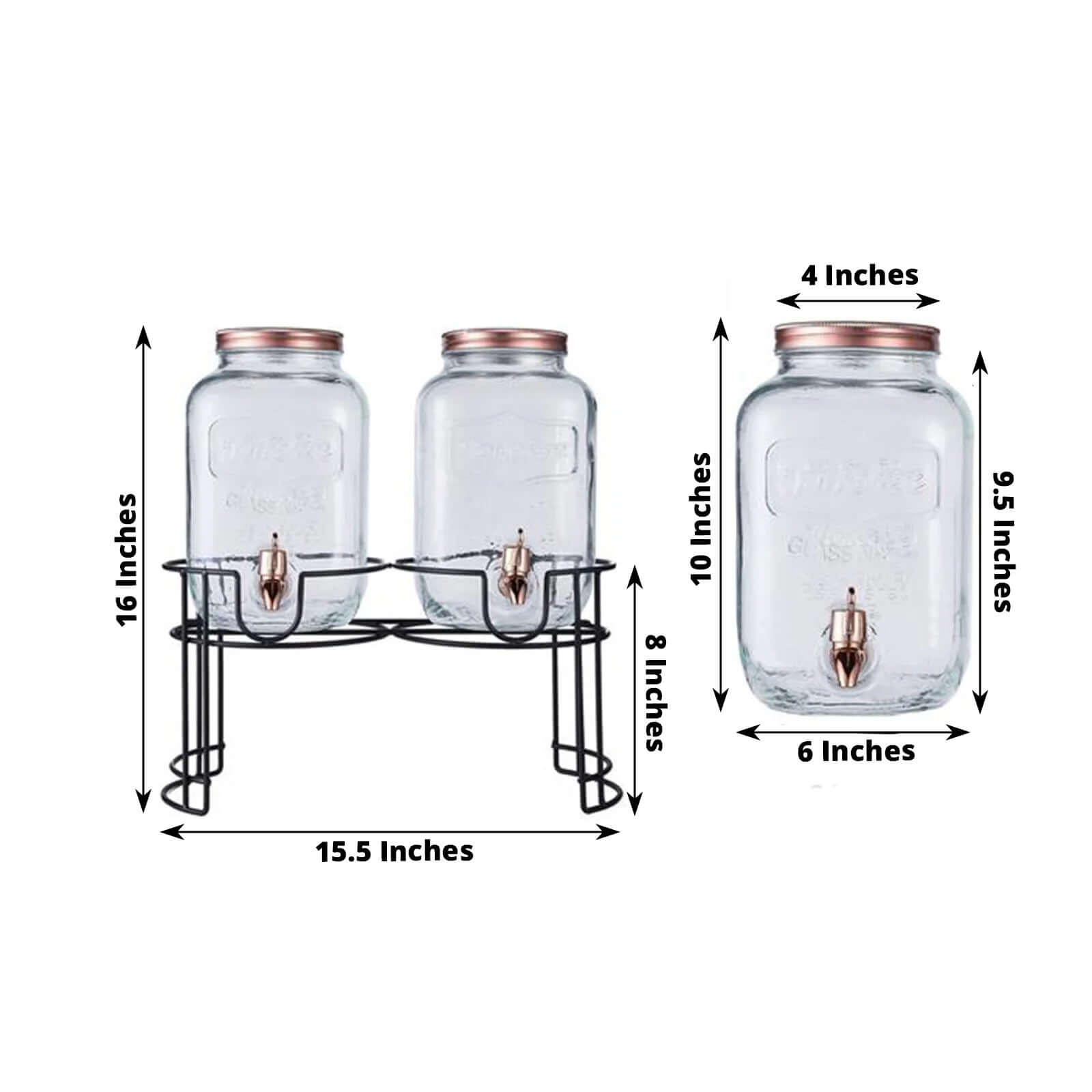 2-Pack Clear Glass Beverage Dispenser Stand, Dual Juice Jars with Rose Gold Metal Lids and Spigot - Convenient Serving Feature 2-Gallon