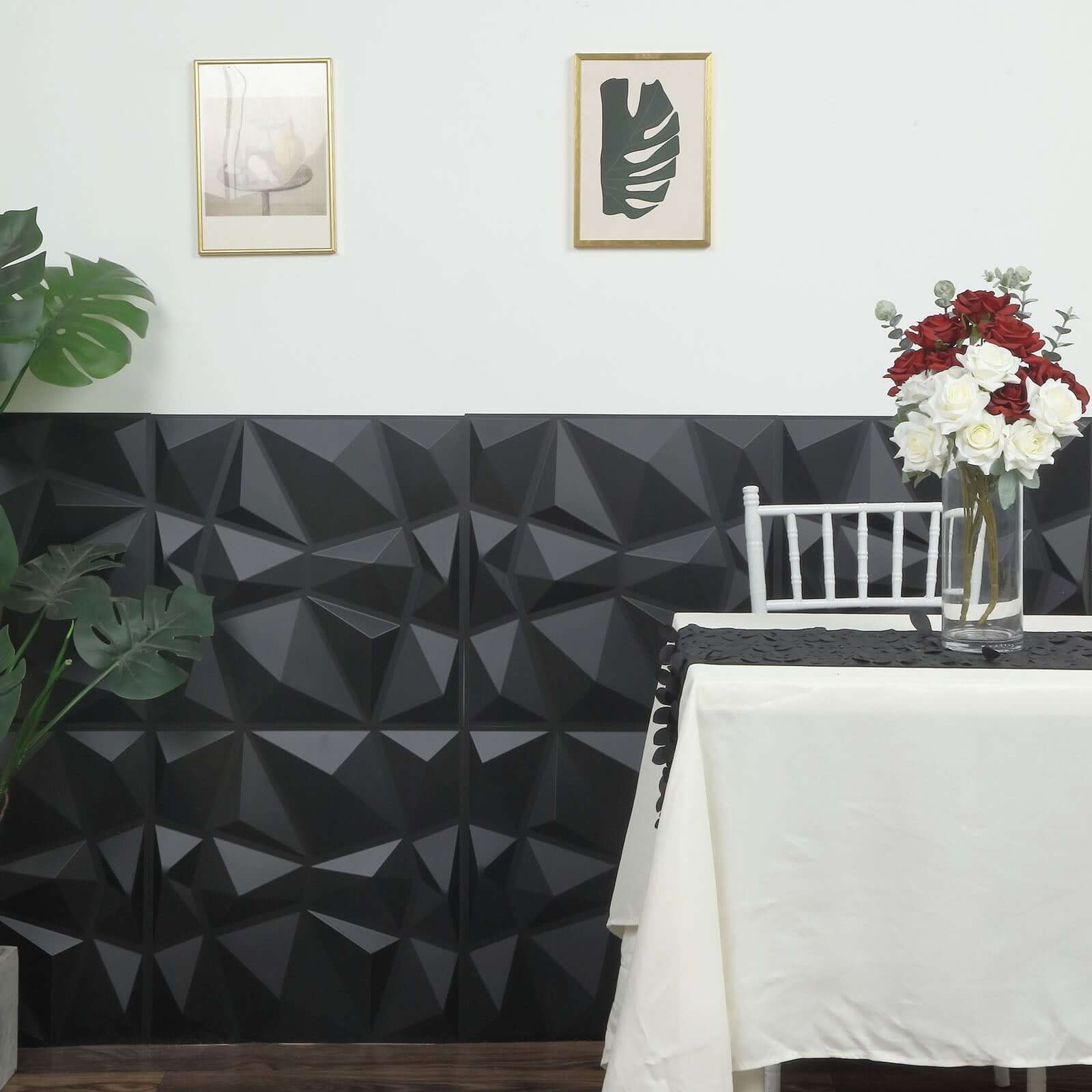 12 Pack 20x20 Matte Black 3D Texture PVC Diamond Design Wall Tiles, Stick On Waterproof Wall Panels