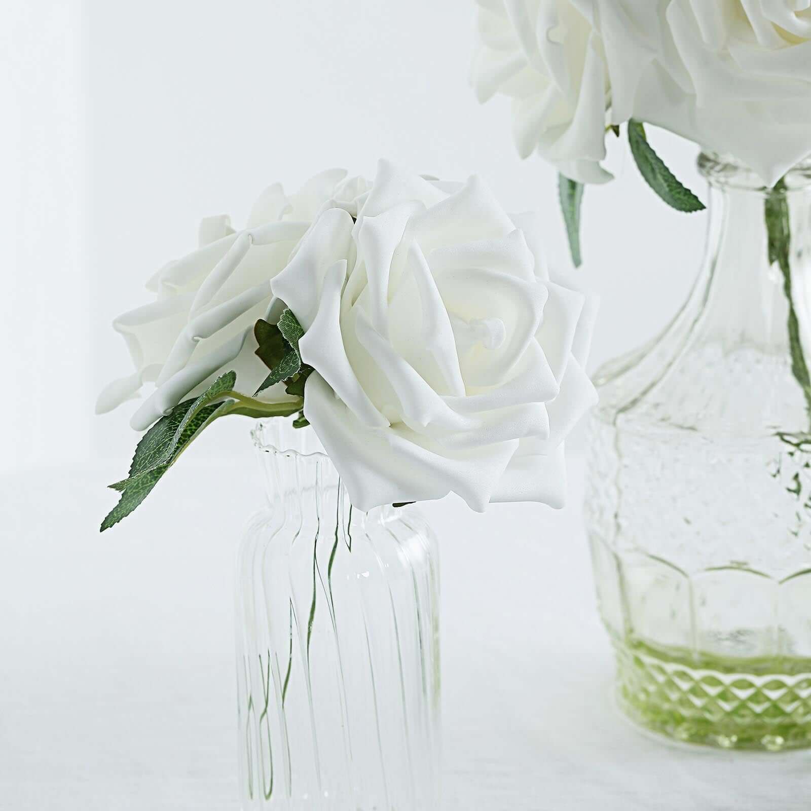 24 Roses 5 White Artificial Foam Flowers With Stem Wire and Leaves