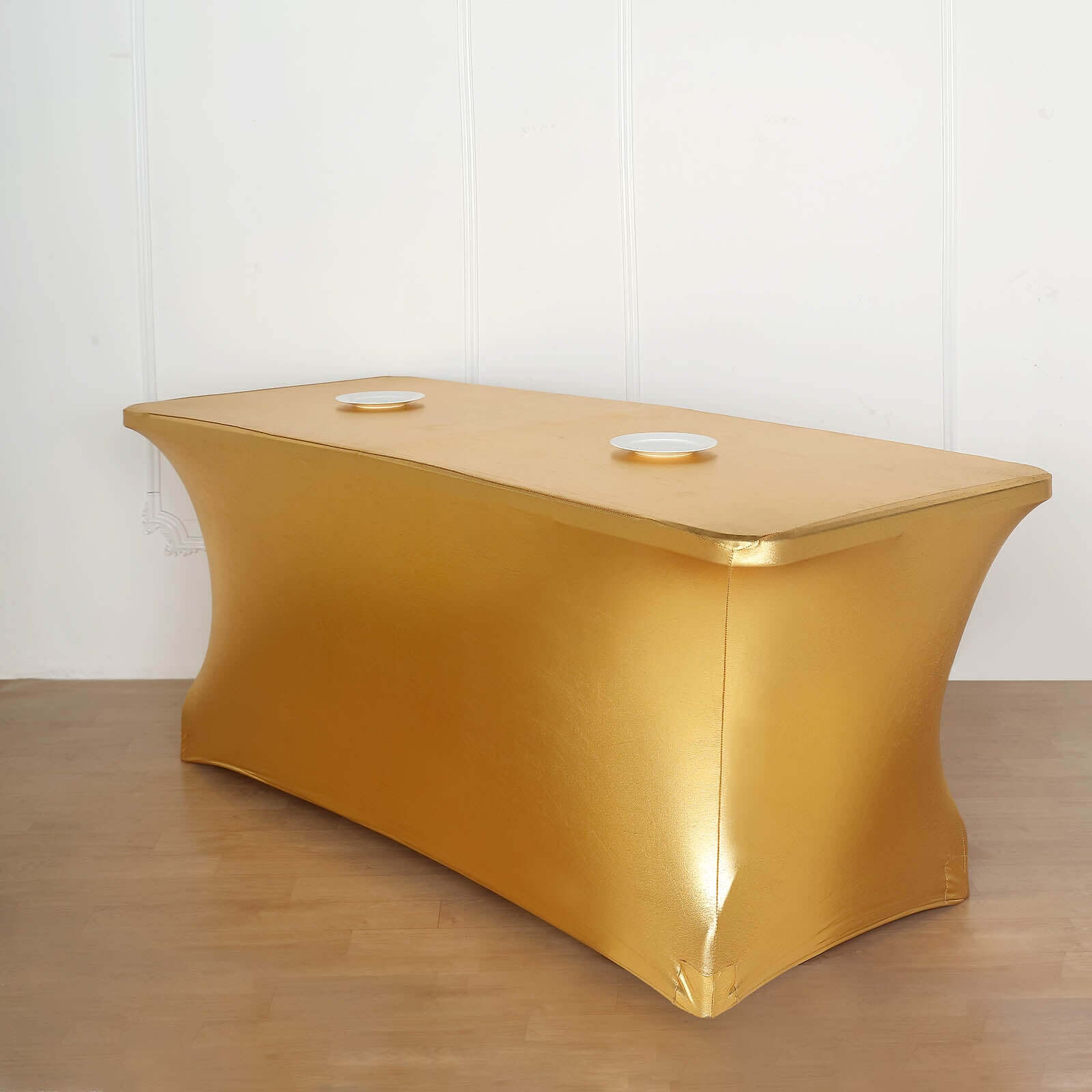 Stretch Spandex 72x30 Rectangle Tablecloth Metallic Gold - Glamorous Form-Fitting Table Cover for Upscale Gatherings