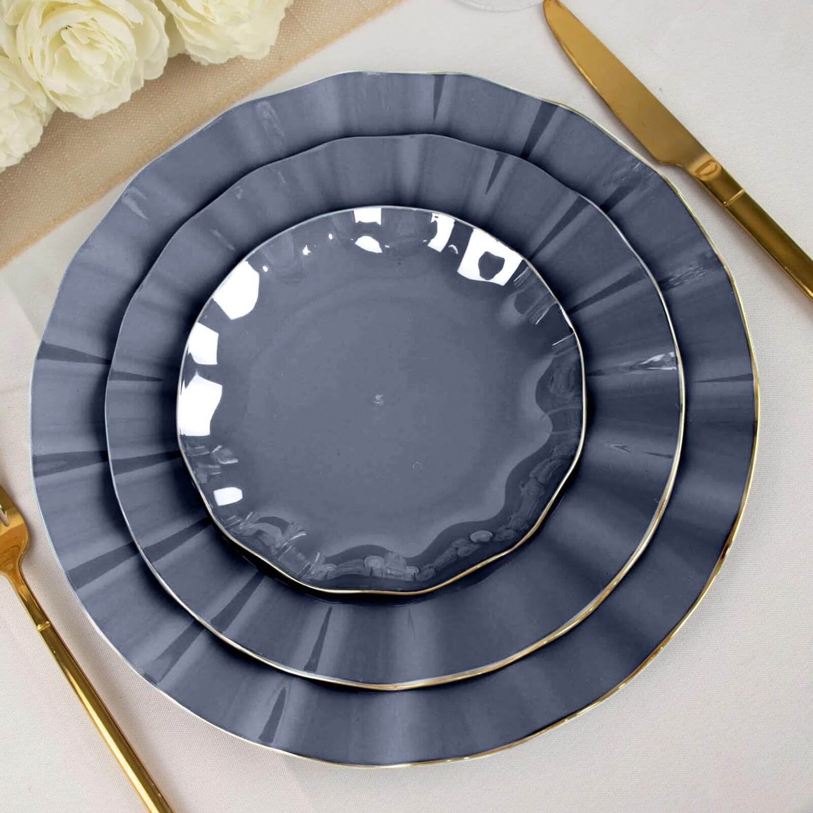 10-Pack Plastic Round 6 Dessert Plates in Navy Blue Ruffled Rim with Gold Edging - Sturdy Disposable Salad Appetizer Dinnerware