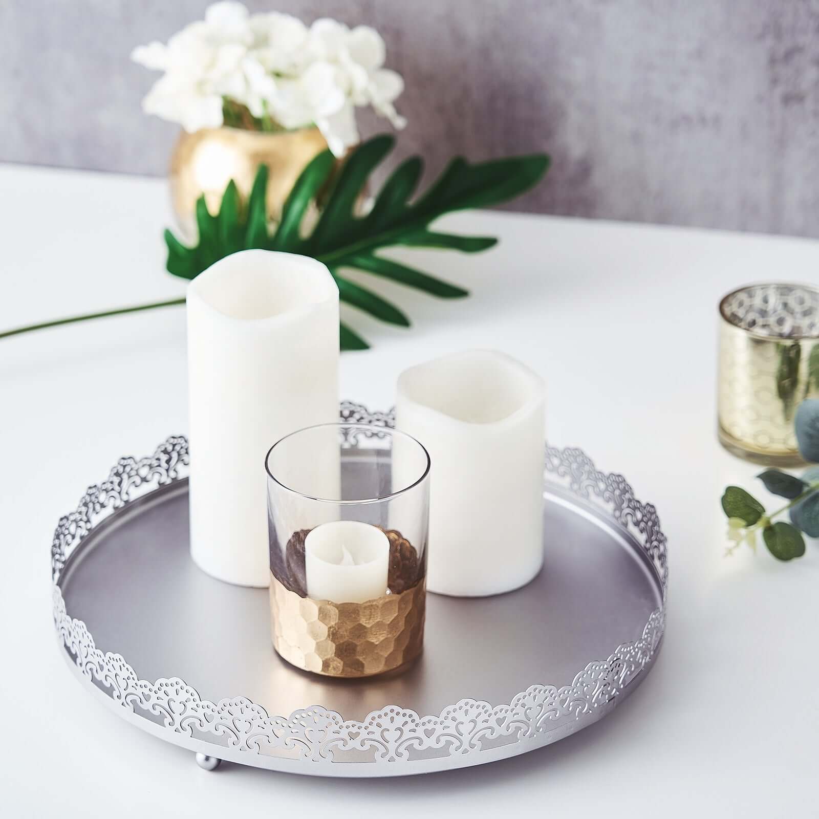 Metal Round Serving Tray 12 in Silver with Embellished Rims, Stylish Decorative Vanity Tray Centerpiece