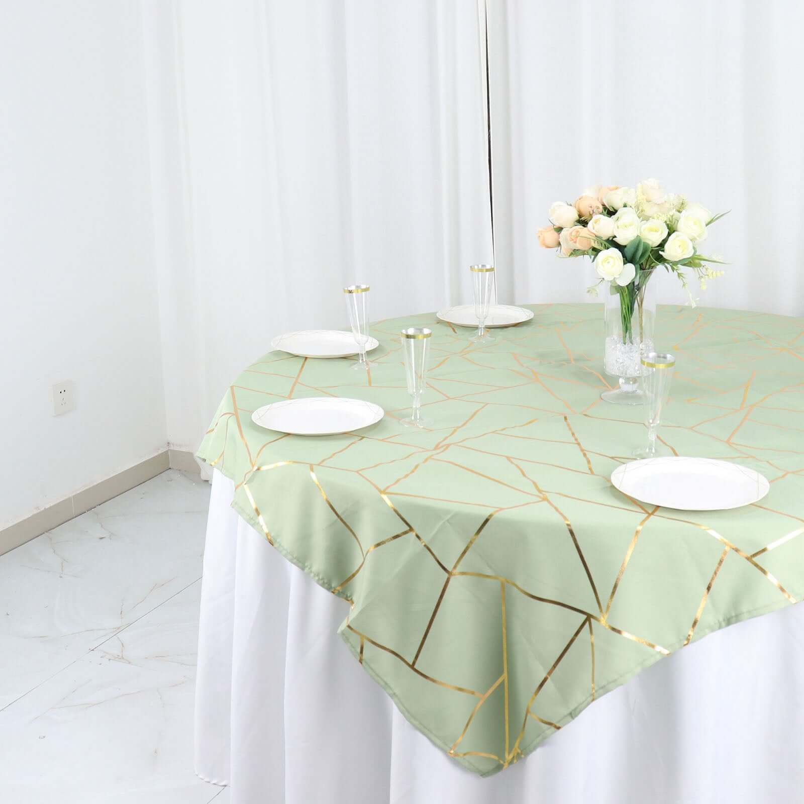 Polyester 54x54 Table Overlay Square Tablecloth Sage Green with Gold Foil Geometric Pattern - Wrinkle-Resistant & Durable for Stylish Settings