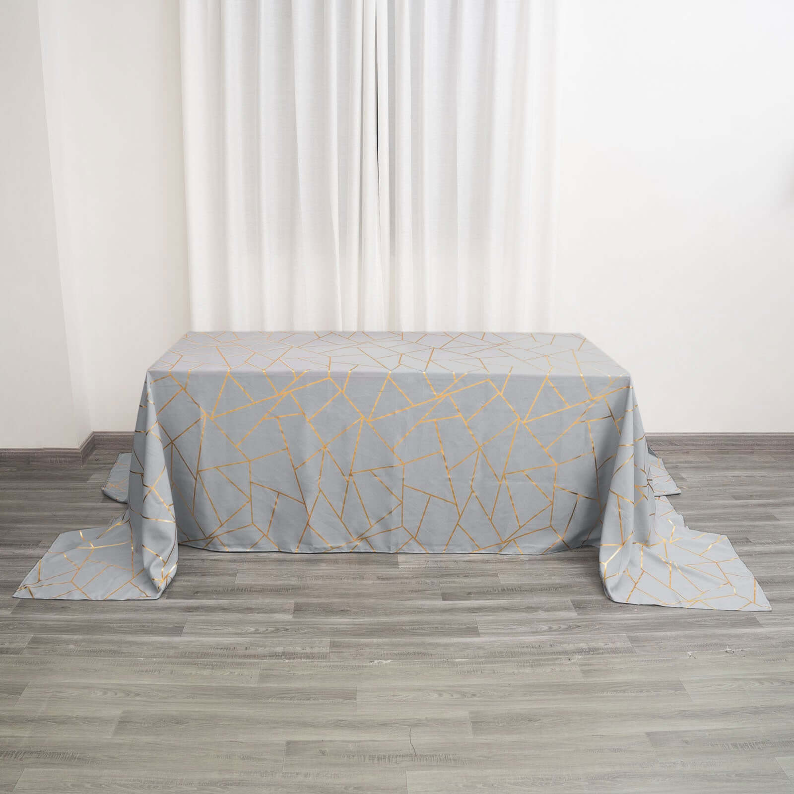 Polyester 90x156 Rectangle Tablecloth Silver Seamless with Gold Foil Geometric Pattern - Wrinkle-Resistant Seamless Table Cover for Sophisticated Events