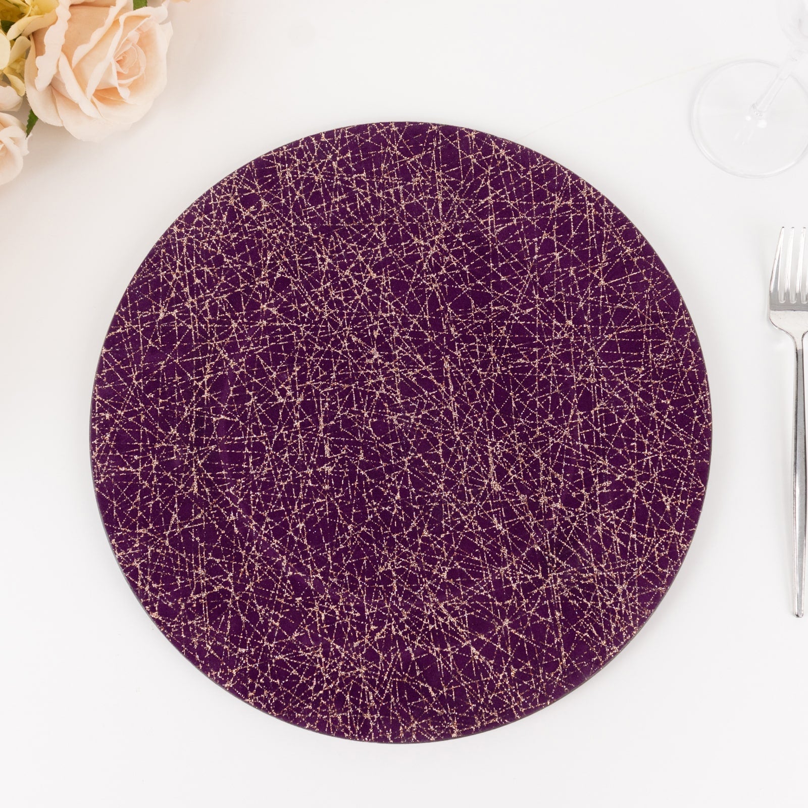 6-Pack Acrylic Round Charger Plates 13 in Purple with Gold Glitter Abstract Lines Pattern, Decorative Dinner Party Charger Tableware