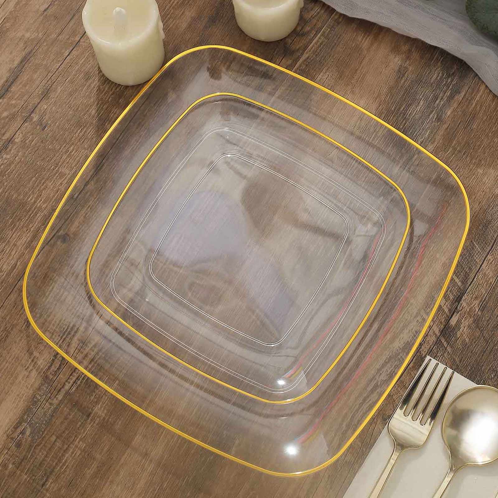 10-Pack Plastic 7 Square Dessert Plates in Clear with Gold Rim - Classy Disposable Appetizer Salad Plates