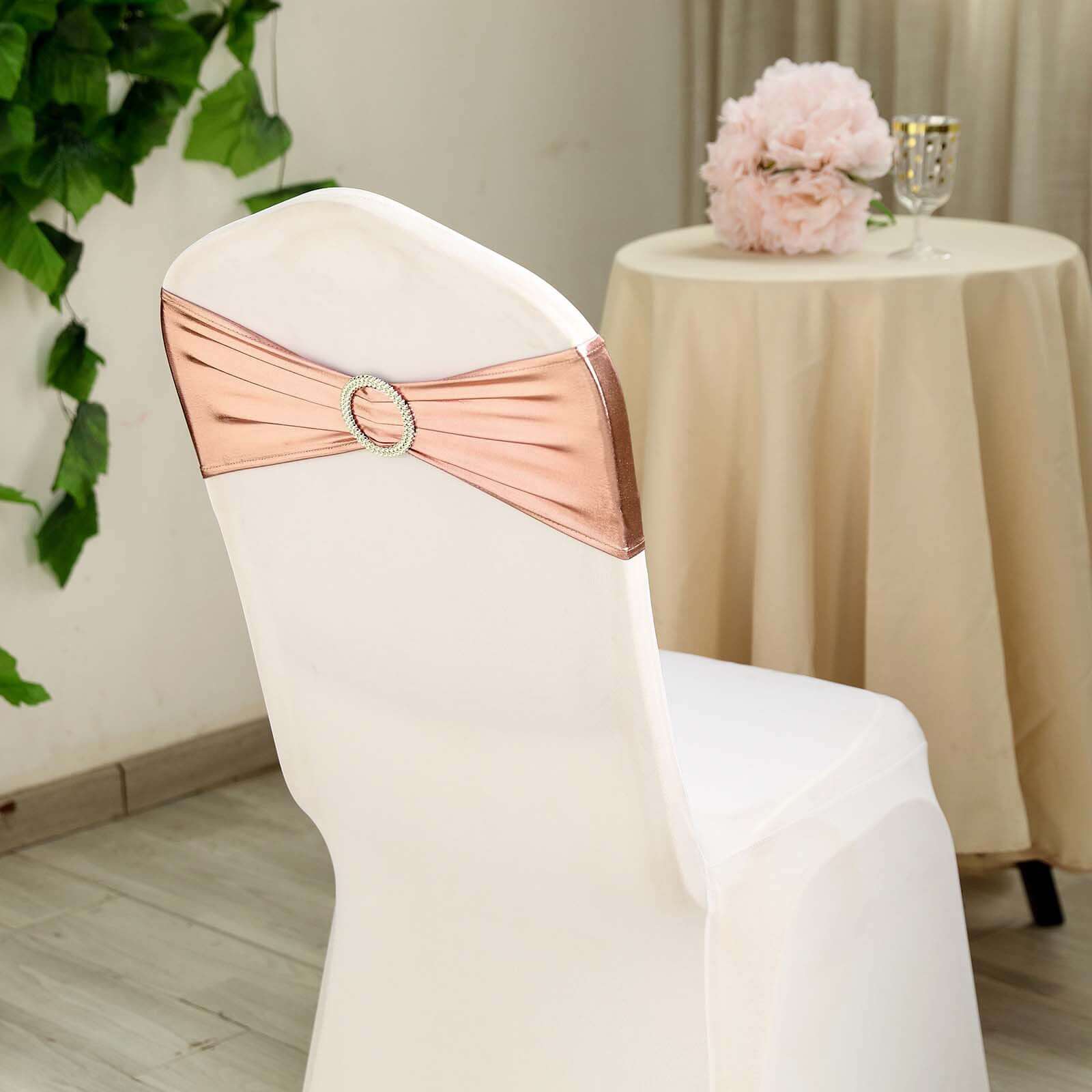 5 Pack Metallic Spandex Chair Sashes Blush - Stretch Fit Chair Bands With Round Diamond Buckles