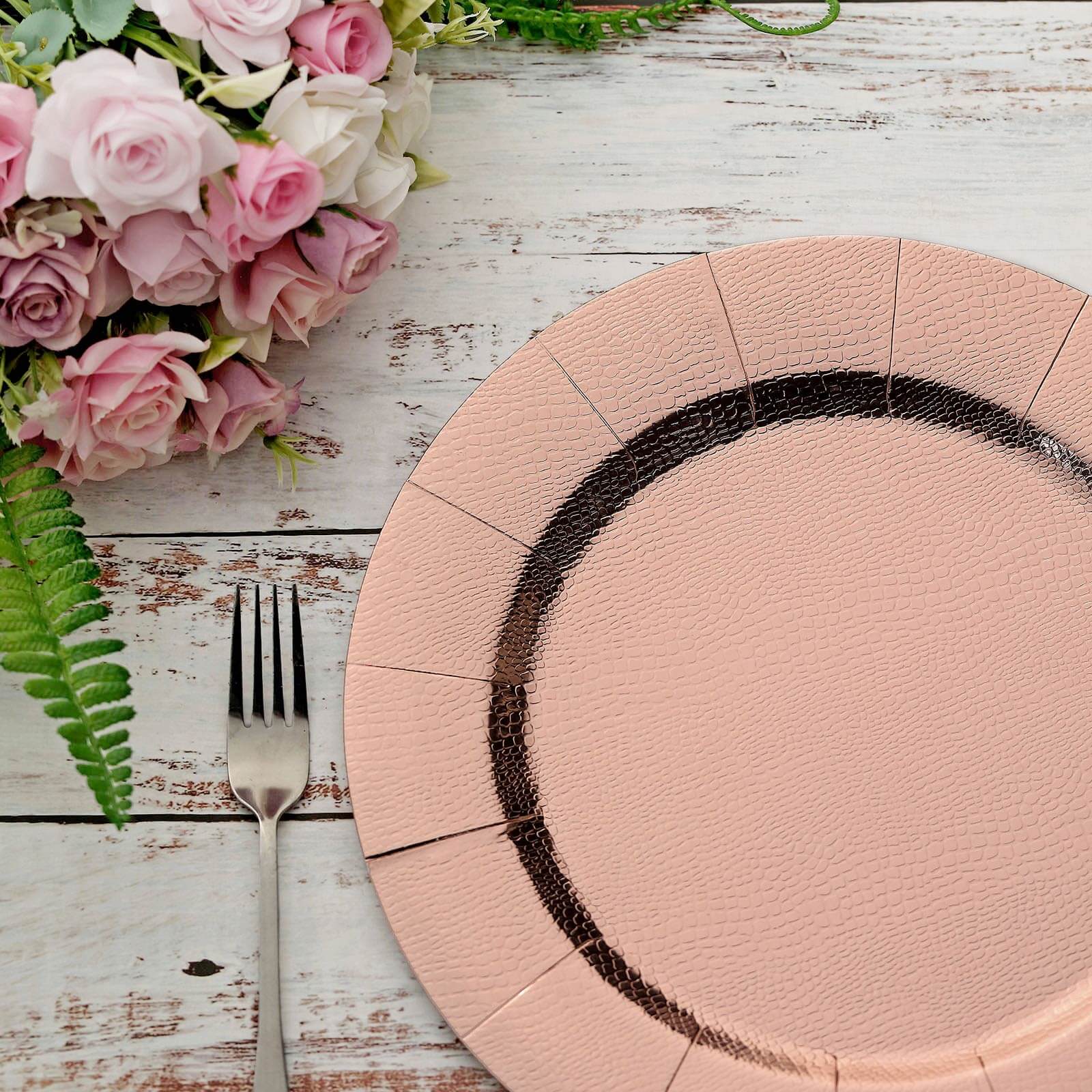 10-Pack Disposable Round Charger Plates in Rose Gold with Leathery Texture - Durable 1100GSM Cardboard Placemats 13