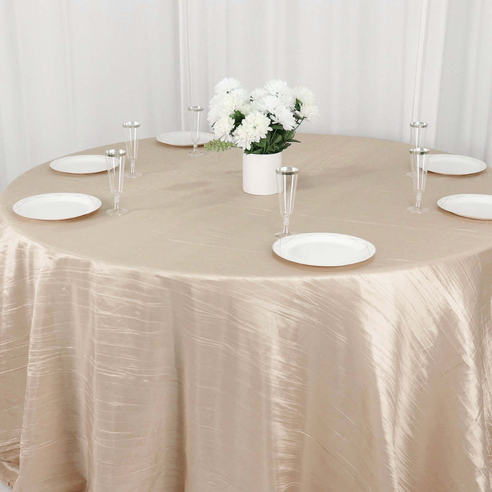 Taffeta 132 Round Tablecloth Beige - Seamless Accordion Crinkle Table Cover