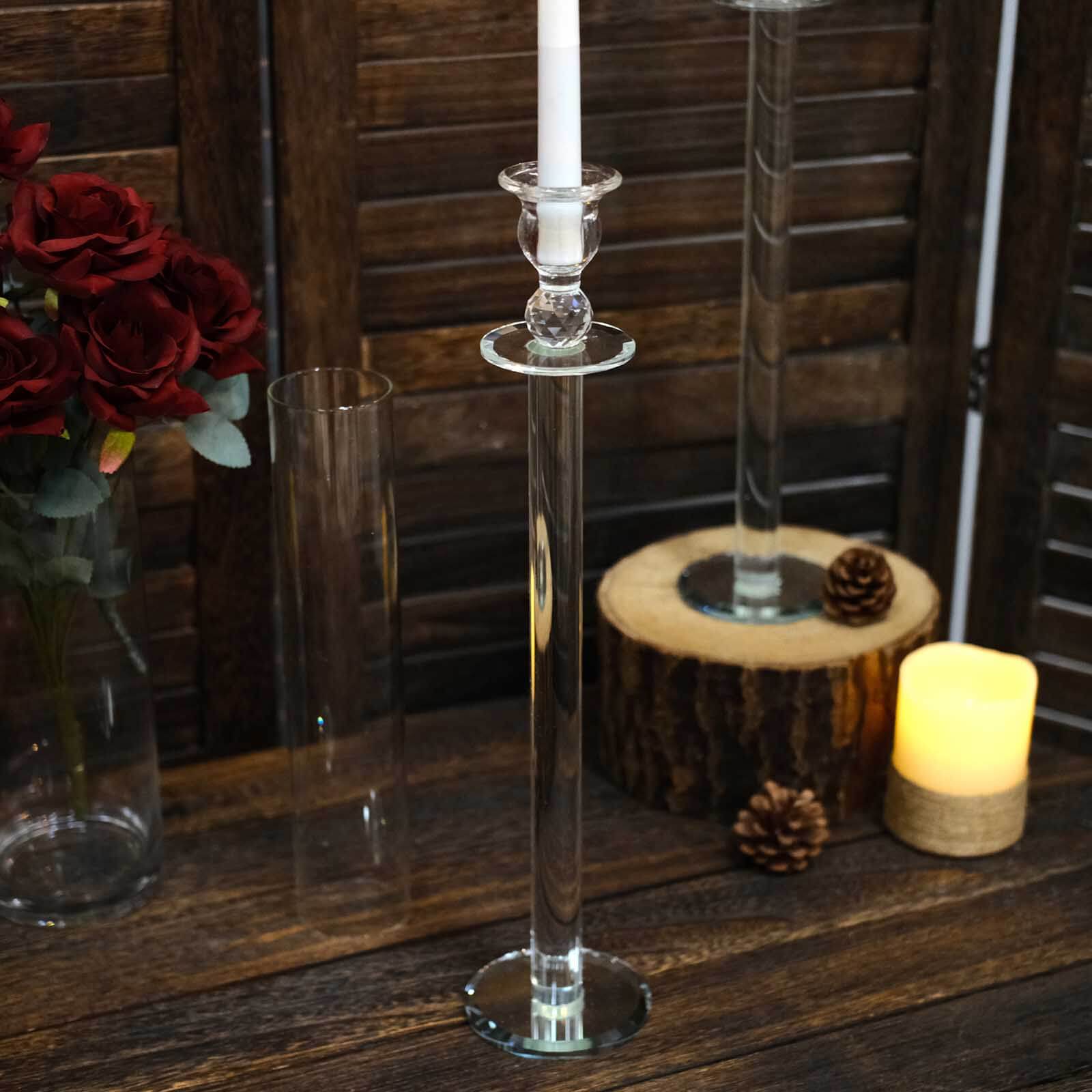 2-Pack Crystal Glass Hurricane Taper Candle Holders, Tall Decorative Candle Stands Clear Cylinder Chimney Tubes 26