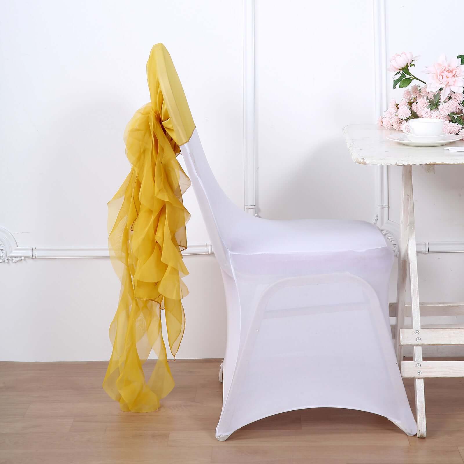 1 Set Chiffon Hoods Chair Sashes with Willow Ruffles Design Mustard Yellow - Stylish Chair Bow Decor