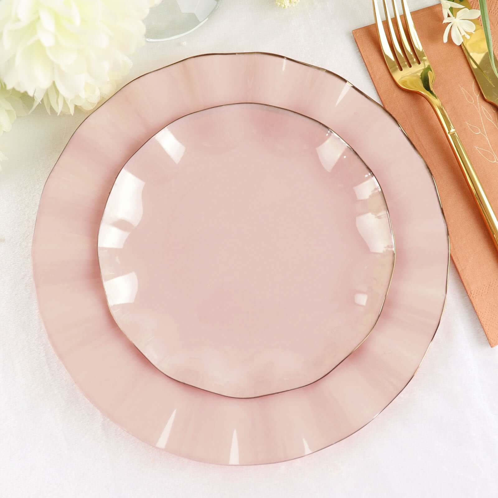 10-Pack Plastic Round 6 Dessert Plates in Blush Ruffled Rim with Gold Edging - Sturdy Disposable Salad Appetizer Dinnerware