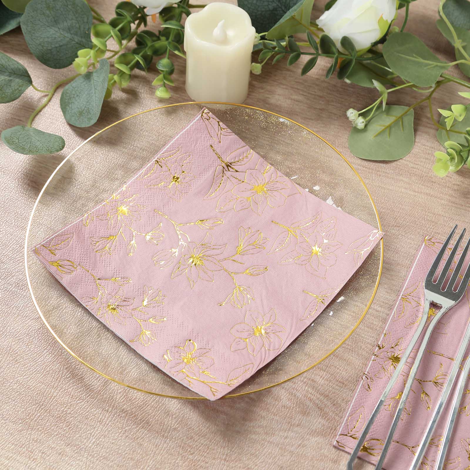 50-Pack Paper Cocktail Napkins with Gold Magnolia Flowers Print Dusty Rose - Highly 2 Ply Absorbent Soft Napkins for Beverages