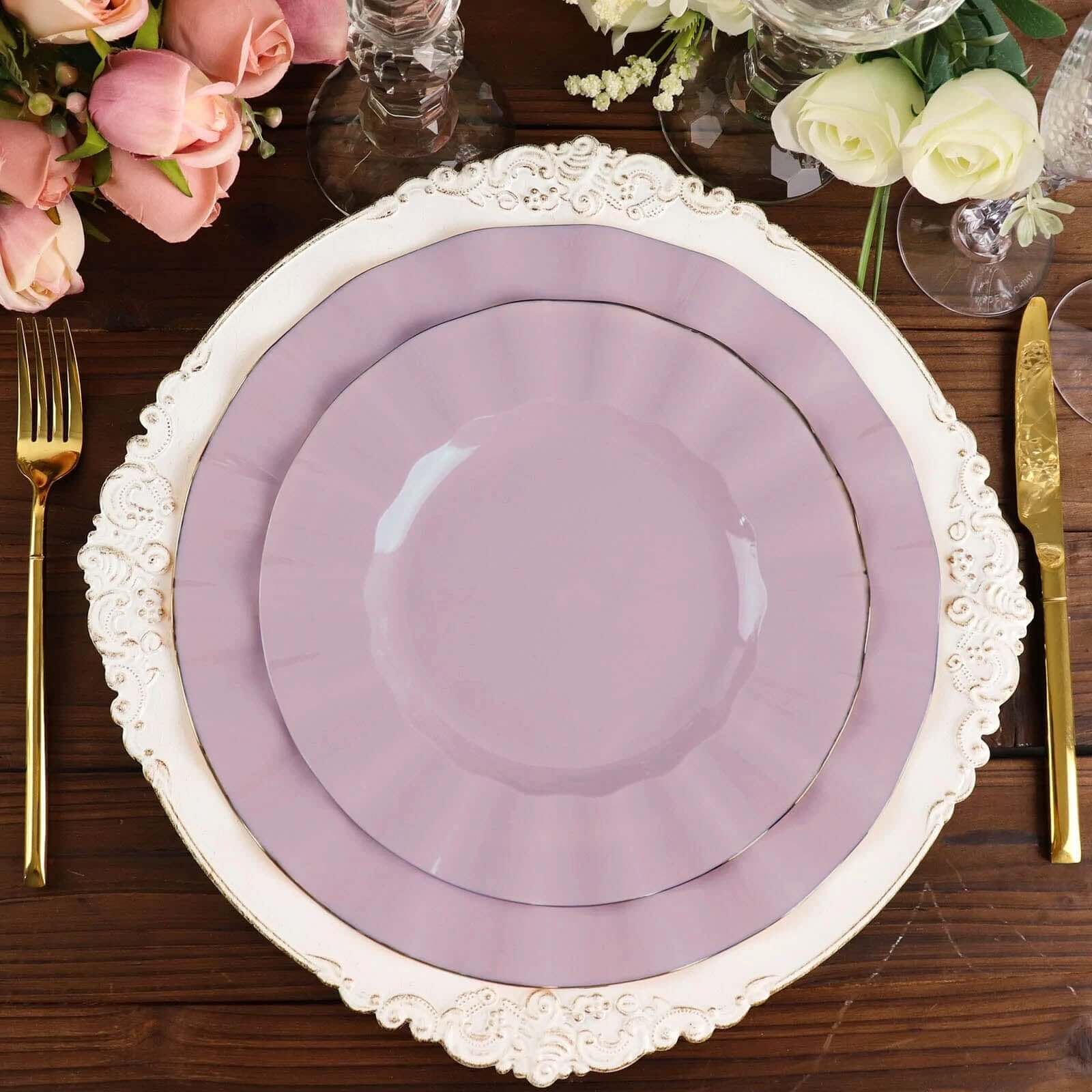 10-Pack Plastic 9 Round Dinner Plates in Lavender Lilac Ruffled Rim with Gold Edging - Sturdy Disposable Dinnerware