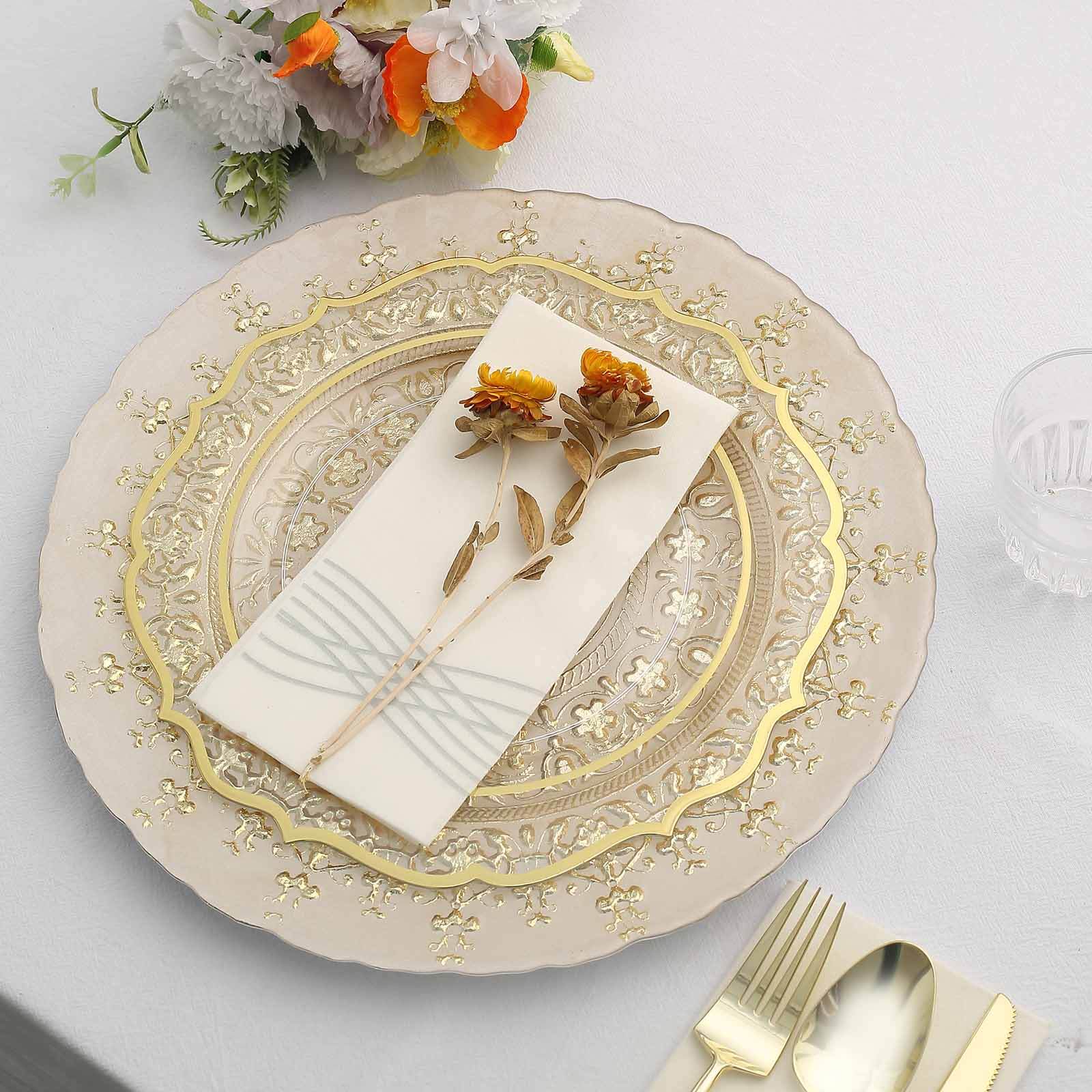 8-Pack Glass Round Charger Plates 13 in Gold with Monaco Style Ornate Design, Classy Decorative Dinner Chargers