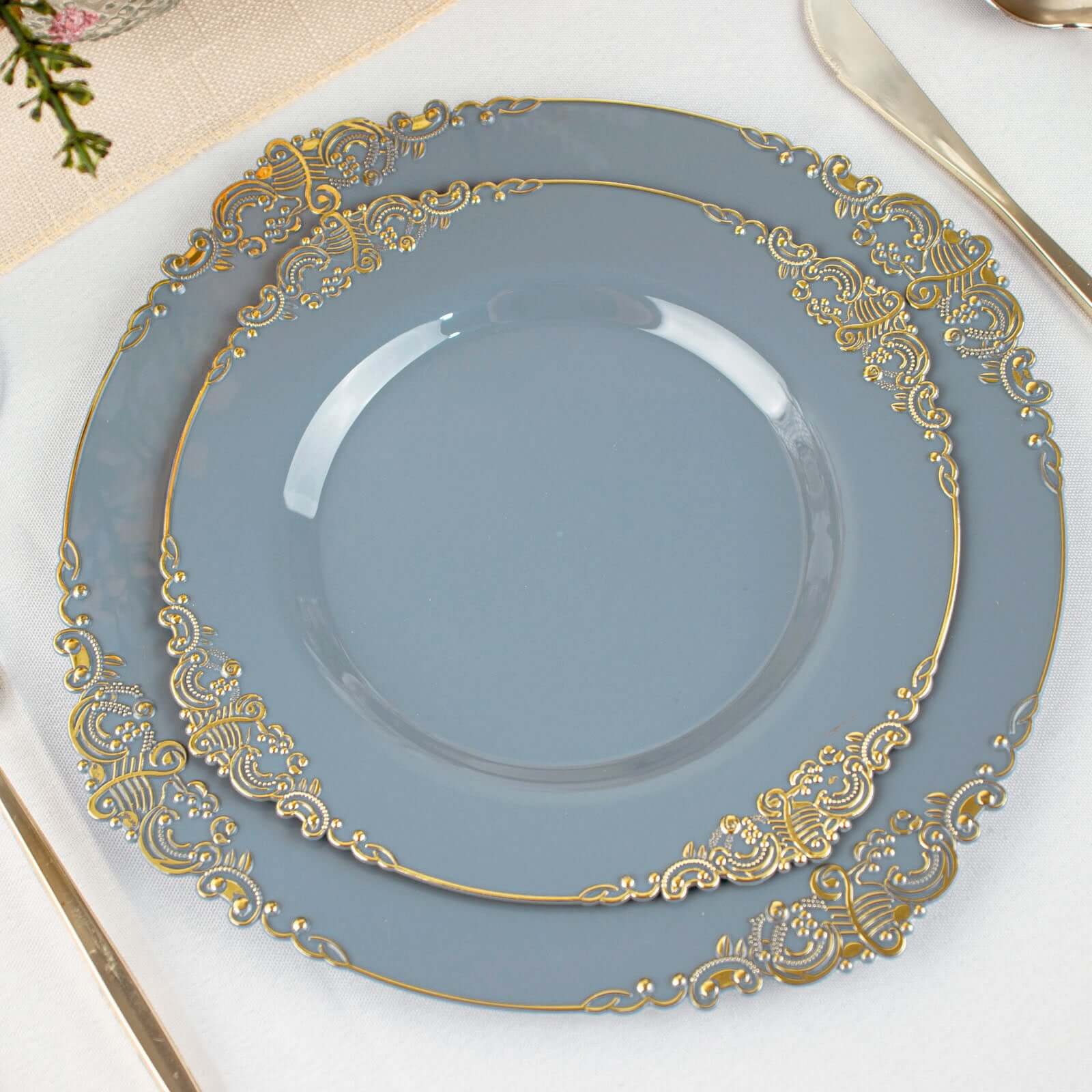 10-Pack Plastic 8 Round Dessert Plates in Dusty Blue with Gold Leaf Embossed Rim - Disposable Vintage Baroque Style Salad Plates