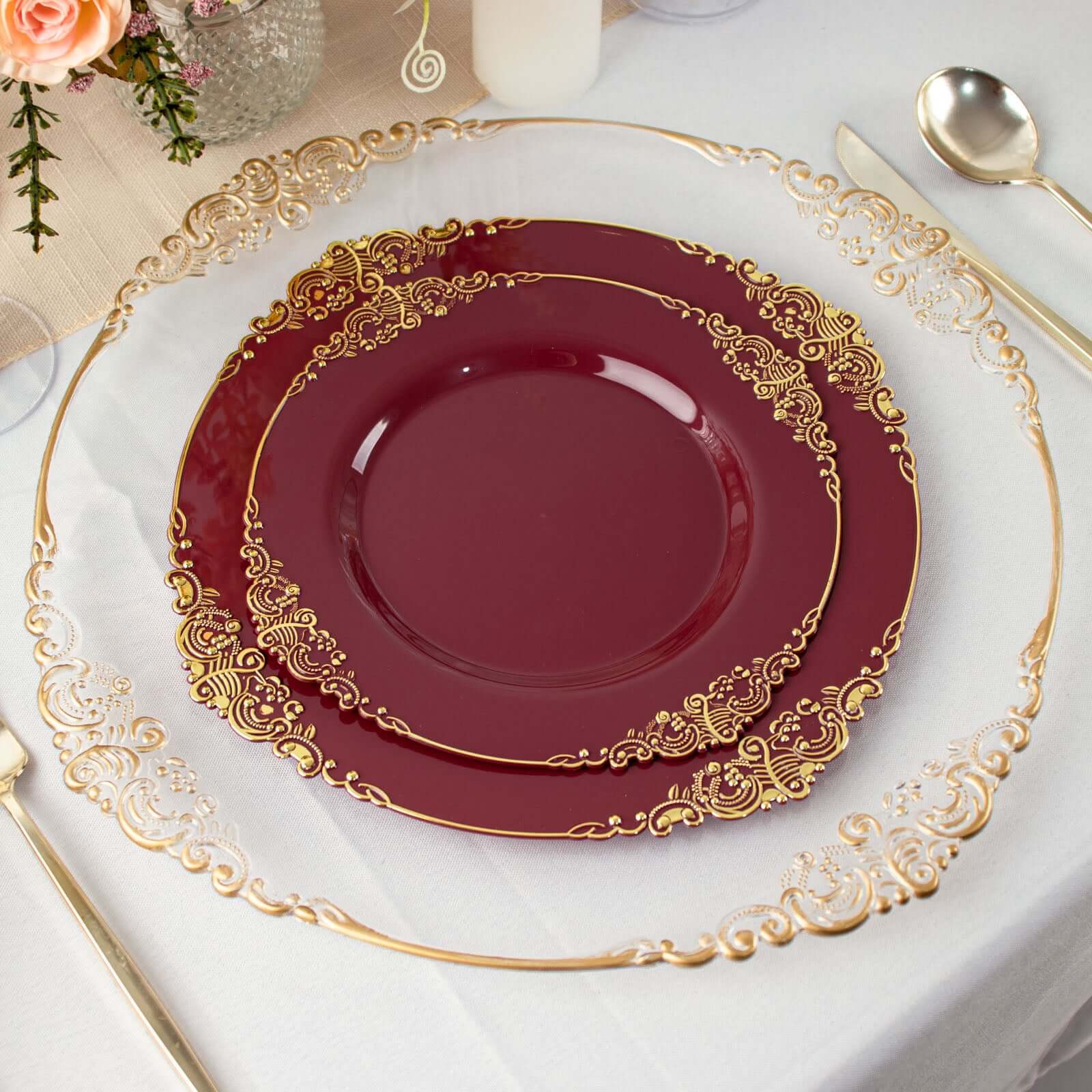 10-Pack Plastic 8 Round Dessert Plates in Burgundy with Gold Leaf Embossed Rim - Disposable Vintage Baroque Style Salad Plates for Luxurious Gatherings & Events