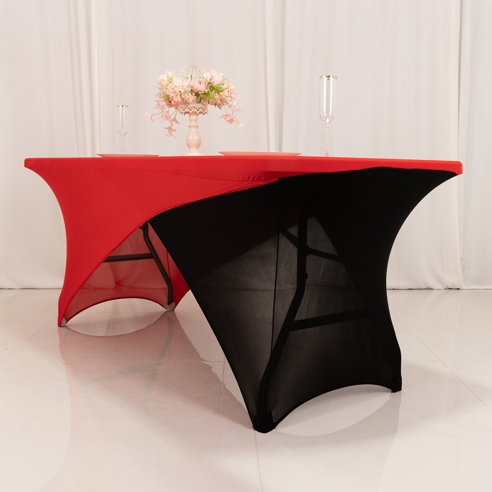 Stretch Spandex 72x30 Rectangle Table Cover Red/Black Cross Over Design - Two-Piece Fitted Tablecloth with Elastic Foot Pockets