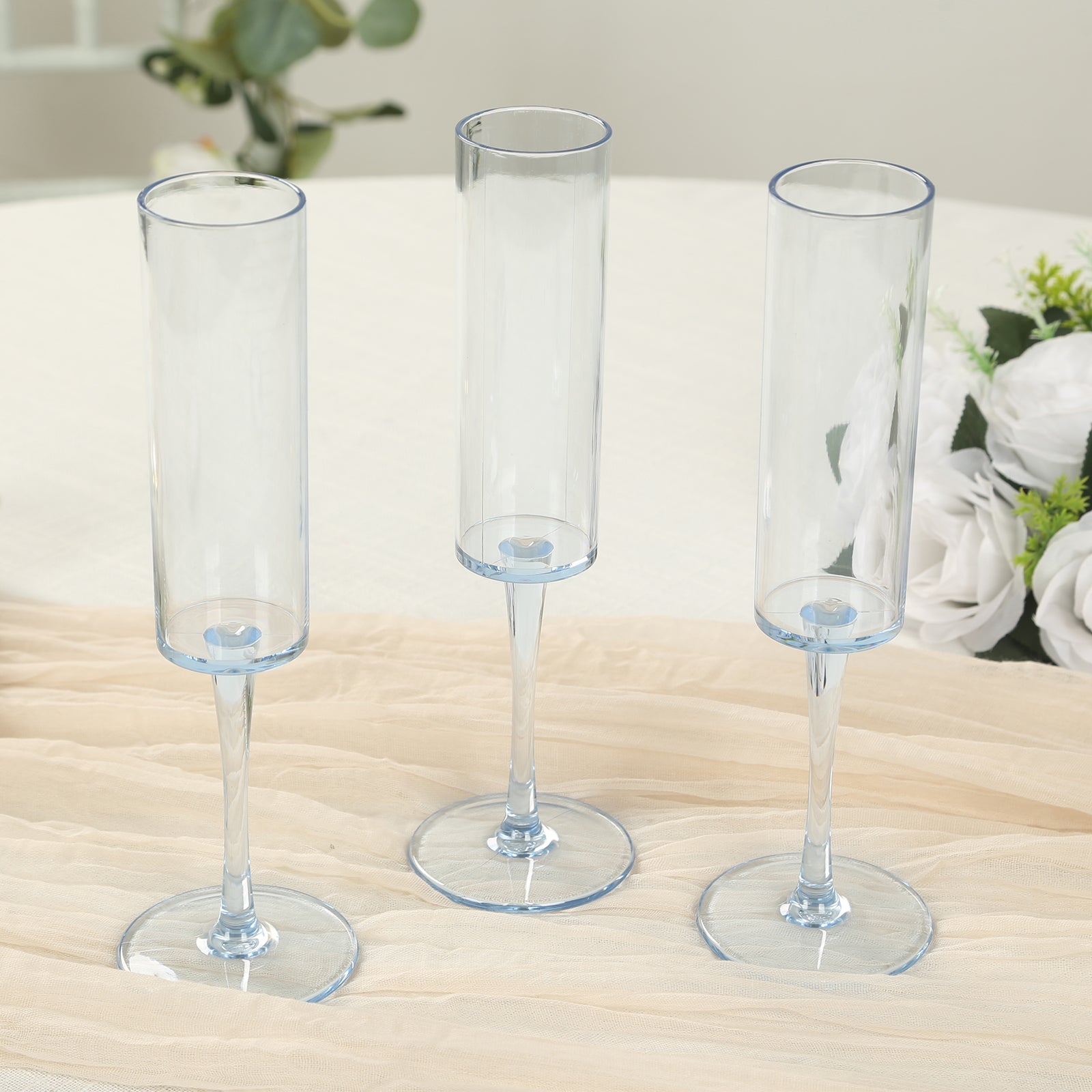 6-Pack Plastic Wine Mimosa Goblets Transparent Dusty Blue Cylindrical Shape - Reusable Champagne Flute Glasses 9.5 Tall 6oz