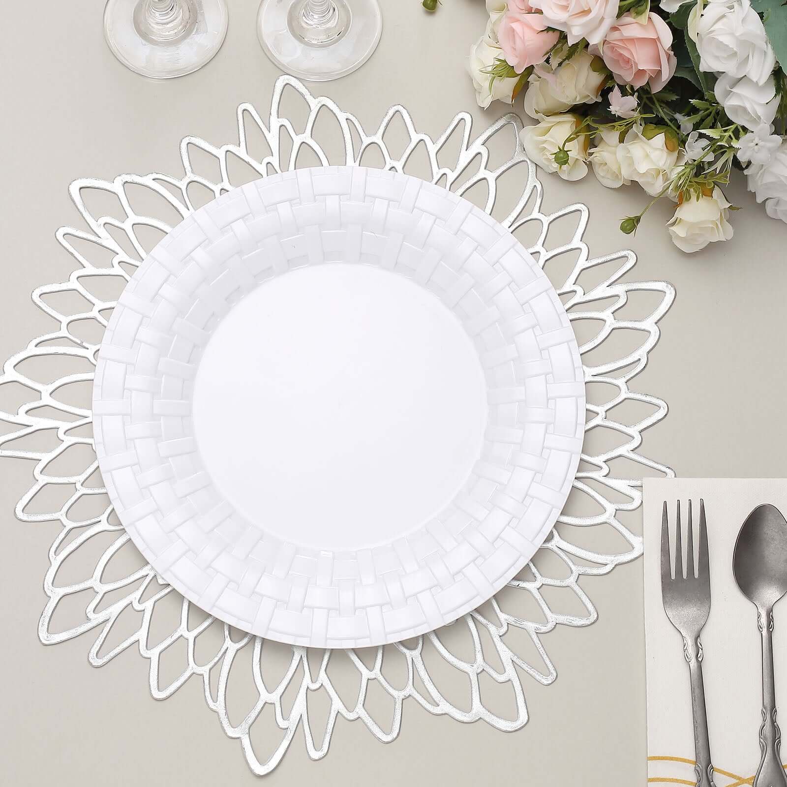 10-Pack Plastic Dinner Plates White Basketweave Rim - Durable Disposable Dinner Plates 10