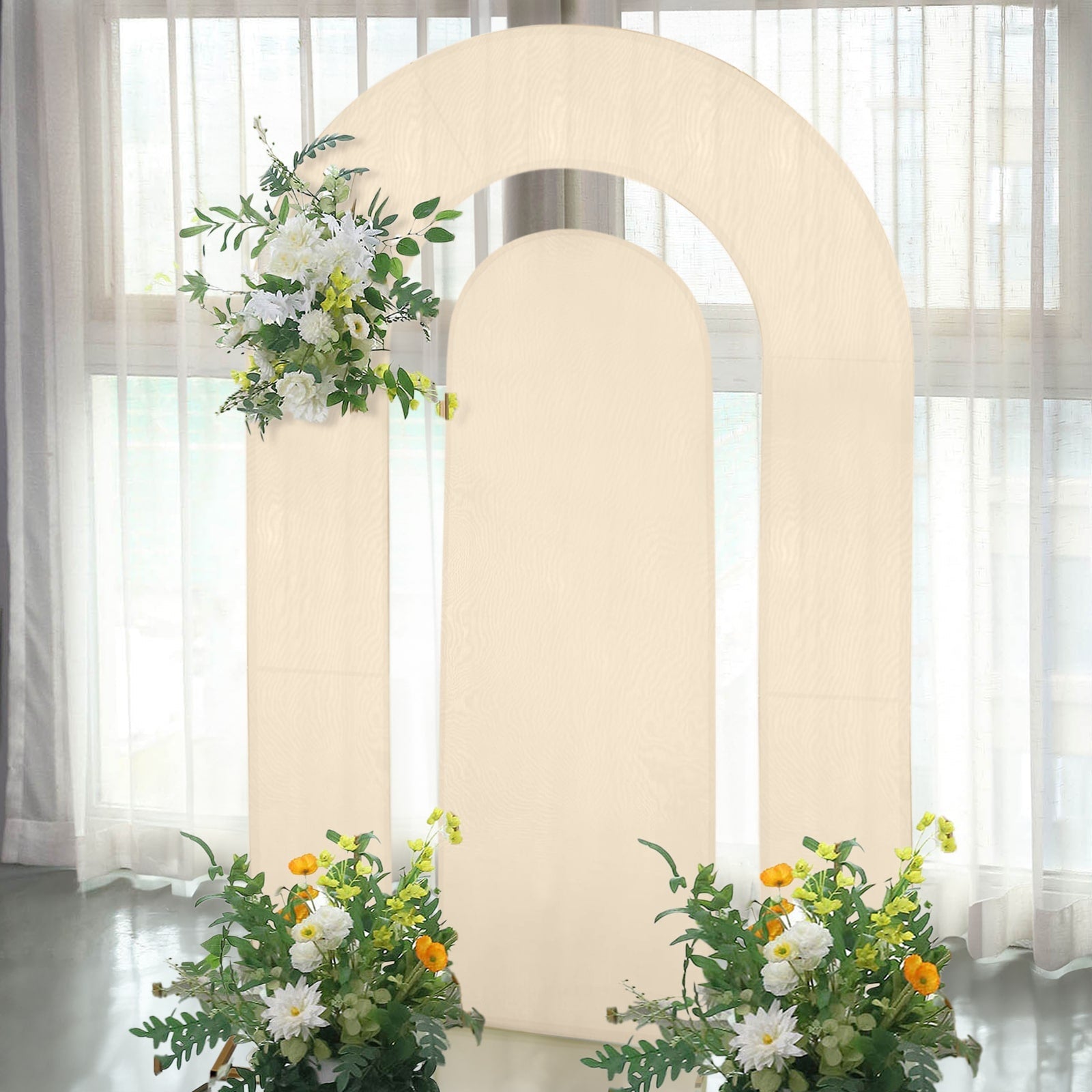 Set of 2 Beige Spandex Fitted Wedding Arch Covers for Round Top and Double Arch Chiara Backdrop Stands - 6ft,8ft