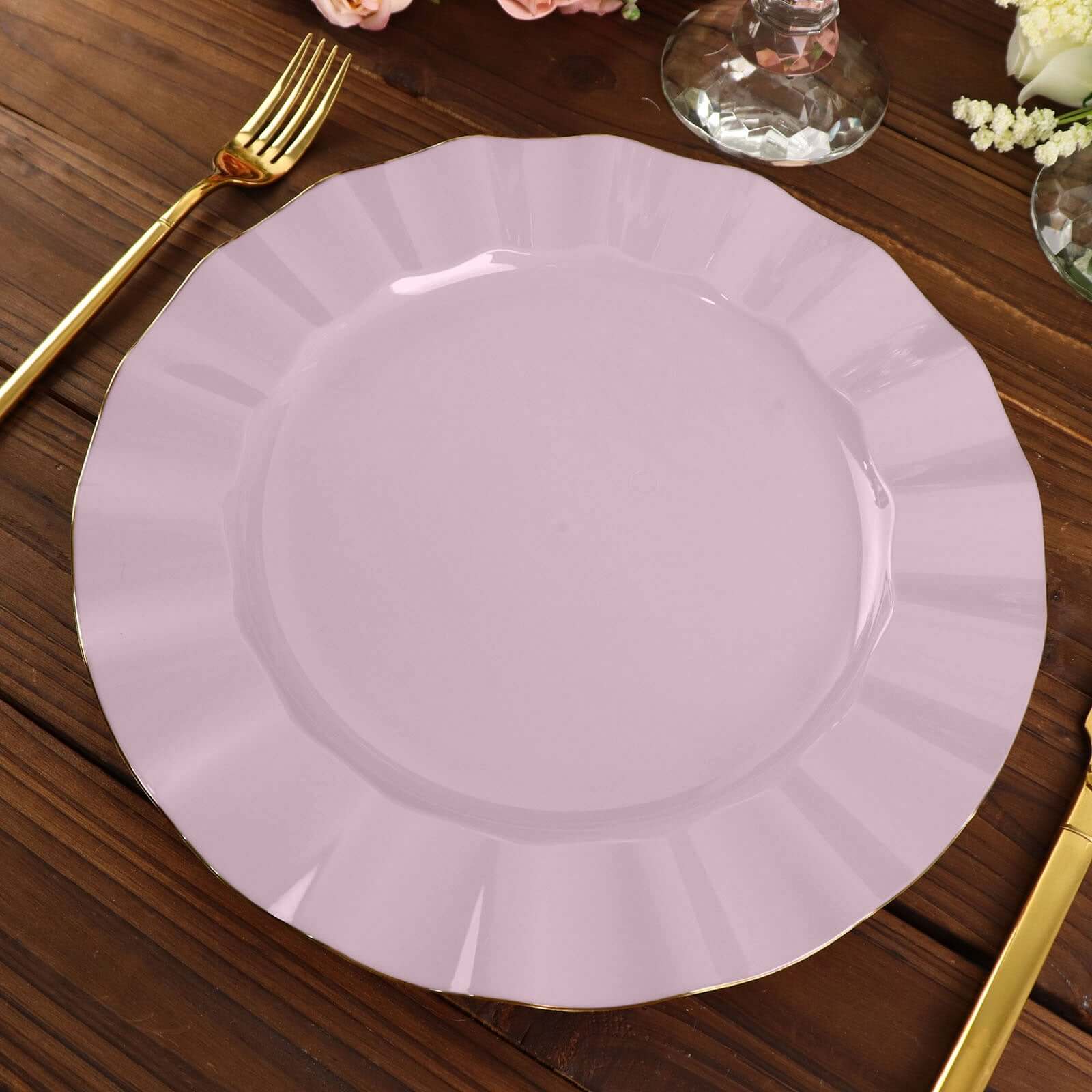 10-Pack Plastic 11 Round Dinner Plates in Lavender Lilac Ruffled Rim with Gold Edging - Sturdy Disposable Dinnerware