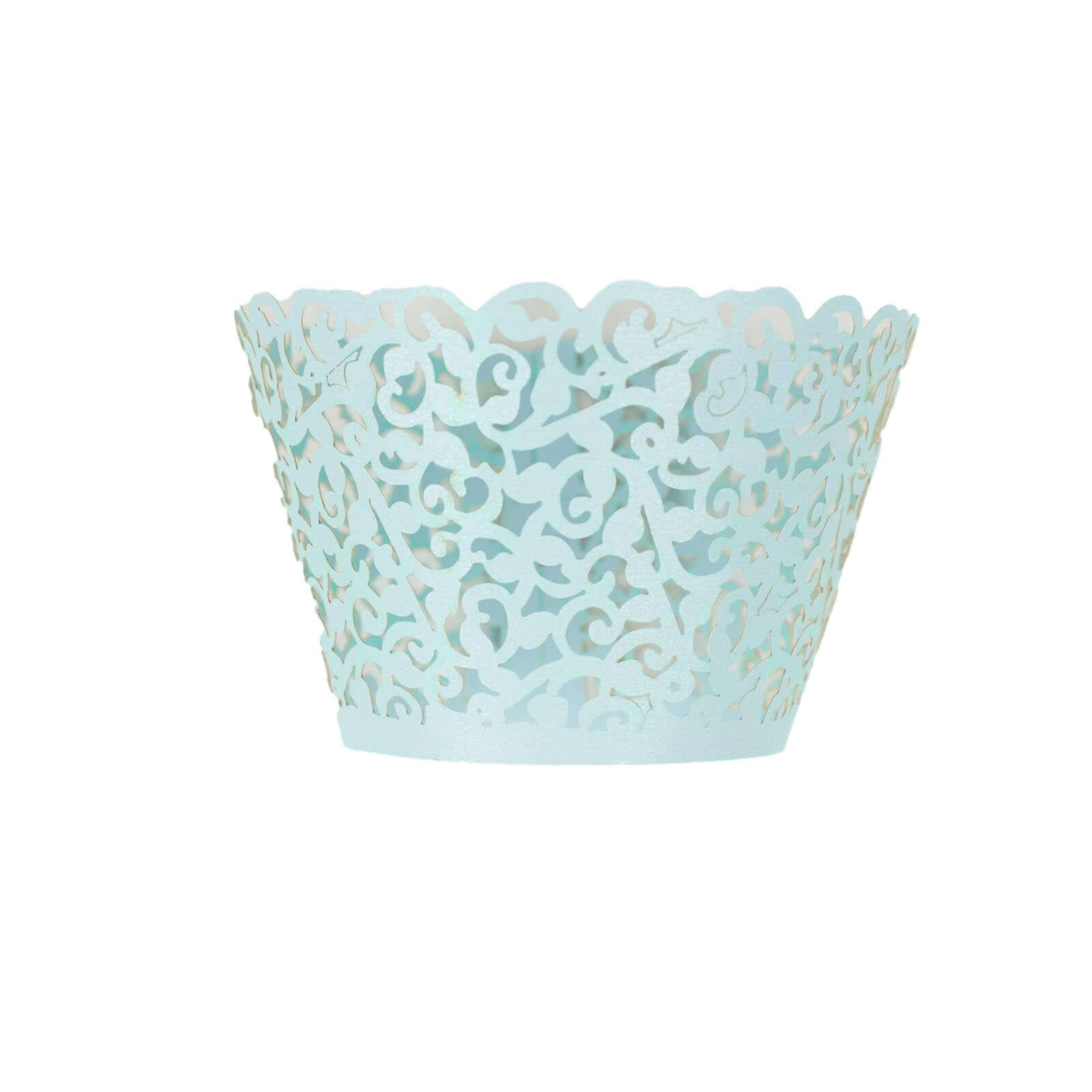 25-Pack Paper Cupcake Wrappers Lace Laser Cut Design Light Blue - Muffin Baking Cup Trays for Events