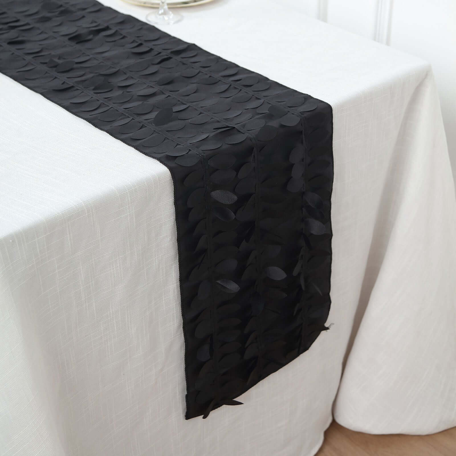 Taffeta Fabric 12x108 Table Runner Black - 3D Leaf Petal Design