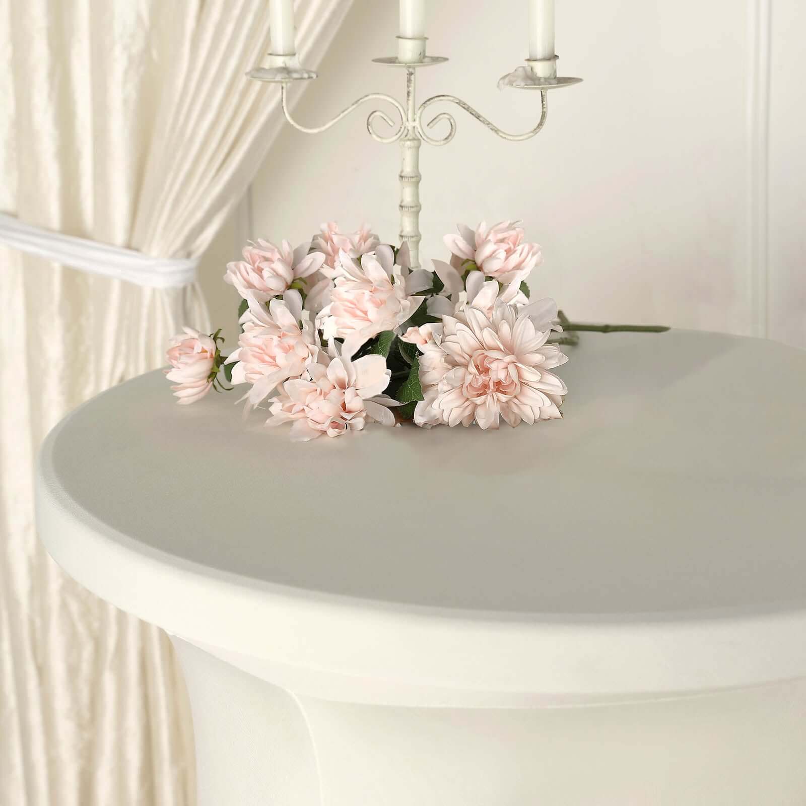Spandex 32 Round Cocktail Table Cover Skirt Ivory With Natural Wavy Drapes