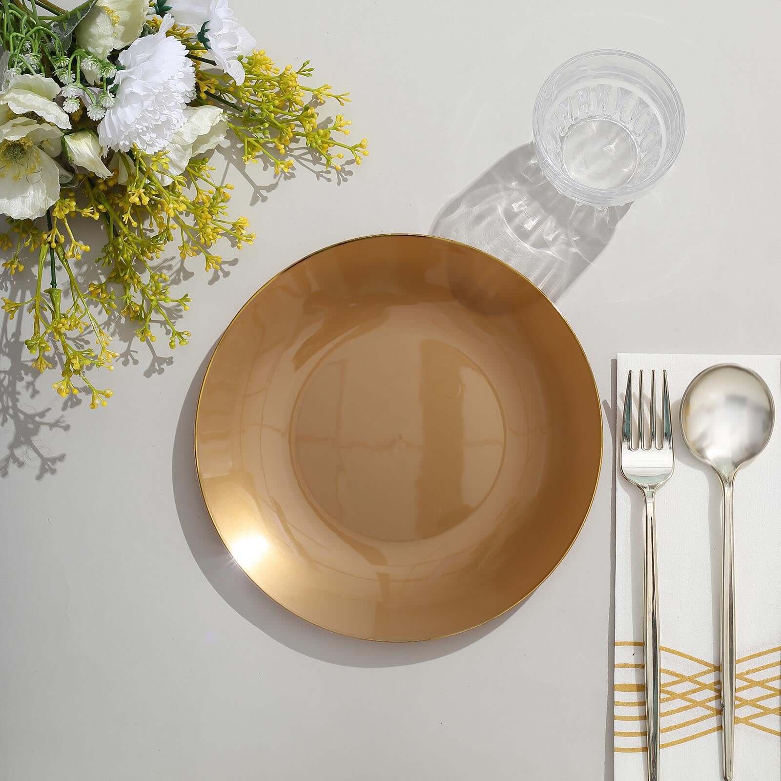 10-Pack Plastic 8 Round Dessert Plates in Gold with Gold Rim - Glossy Disposable Appetizer Salad Plates