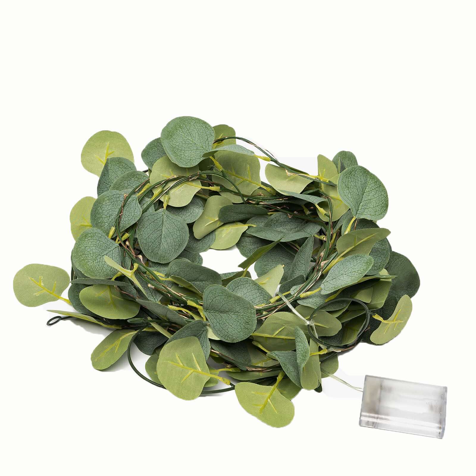 32ft 100 LED Green Silk Eucalyptus Leaf Garland Vine String Lights, Warm White Battery Operated