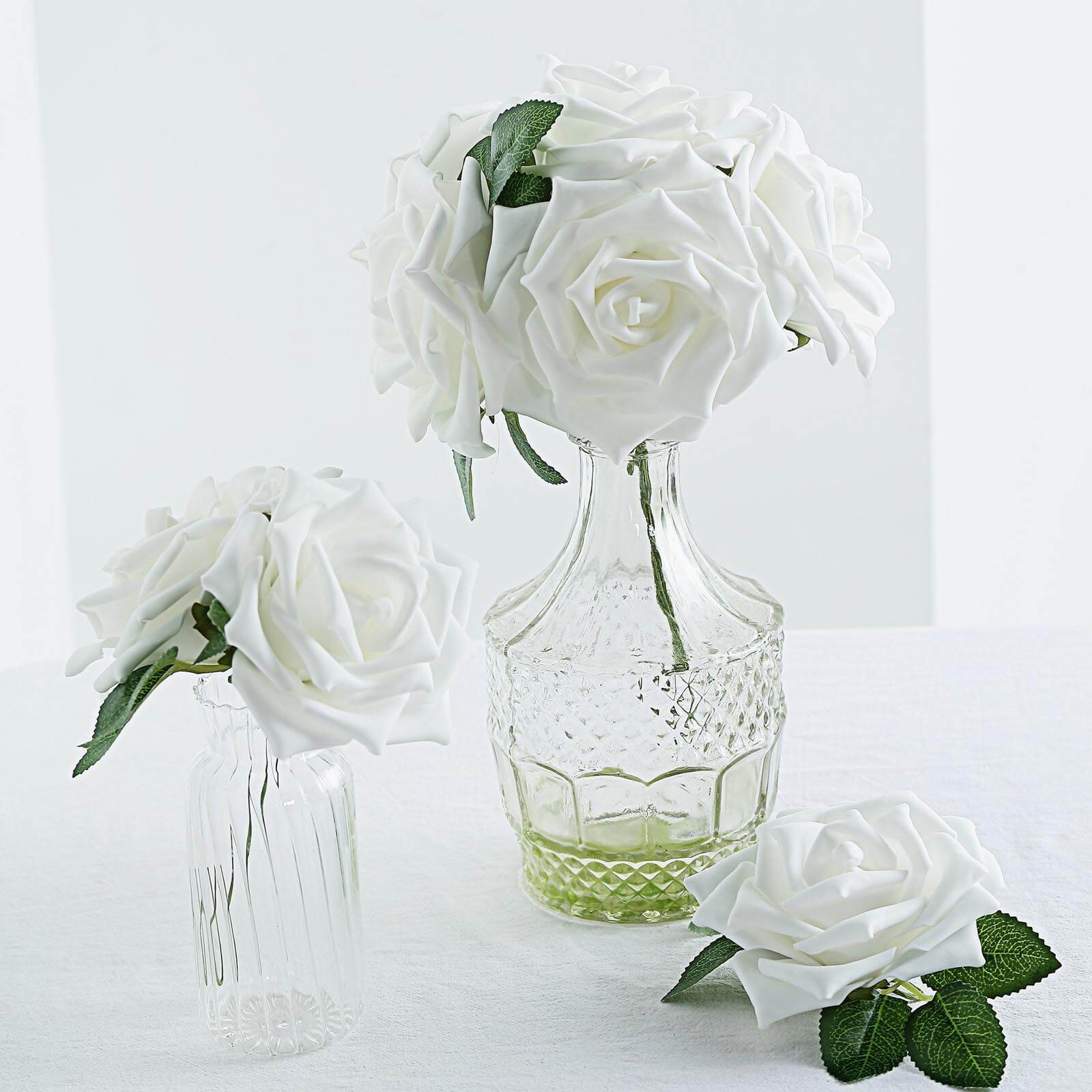 24 Roses 5 White Artificial Foam Flowers With Stem Wire and Leaves