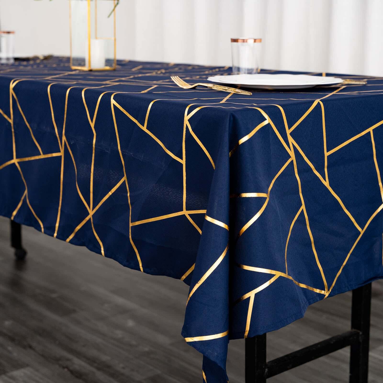 Polyester 60x102 Rectangle Tablecloth Navy Blue with Gold Foil Geometric Pattern - Wrinkle-Resistant & Durable Table Cover