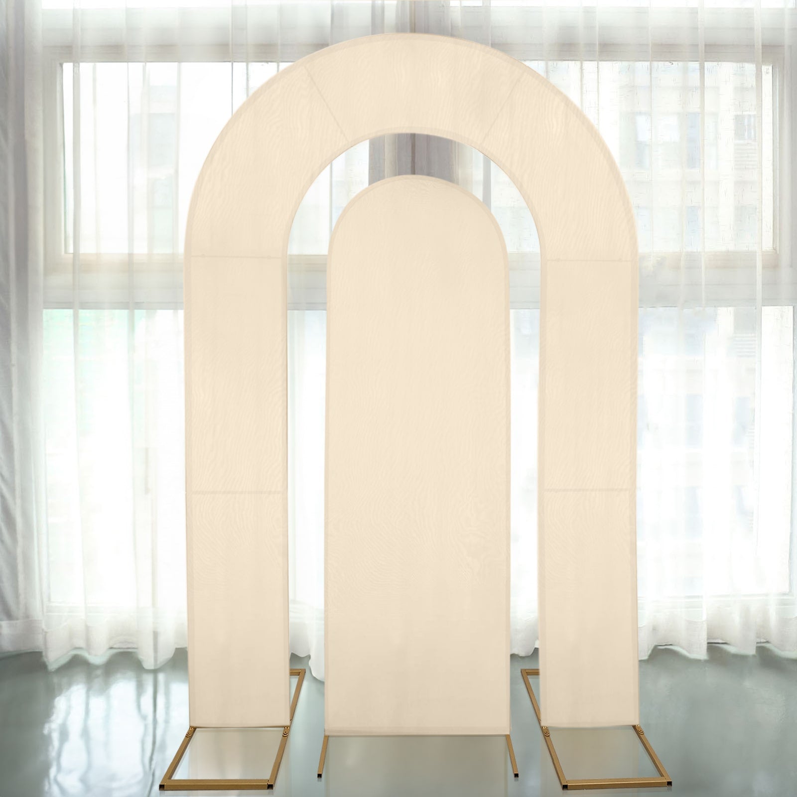 Set of 2 Beige Spandex Fitted Wedding Arch Covers for Round Top and Double Arch Chiara Backdrop Stands - 6ft,8ft