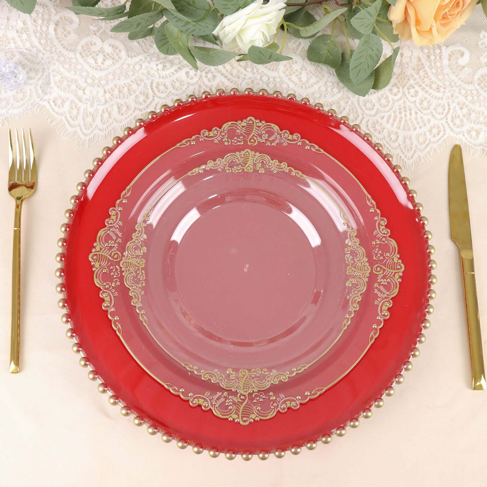 6-Pack Acrylic Round Charger Plates 13 in Red with Gold Beaded Rim, Decorative Dinner Party Charger Tableware