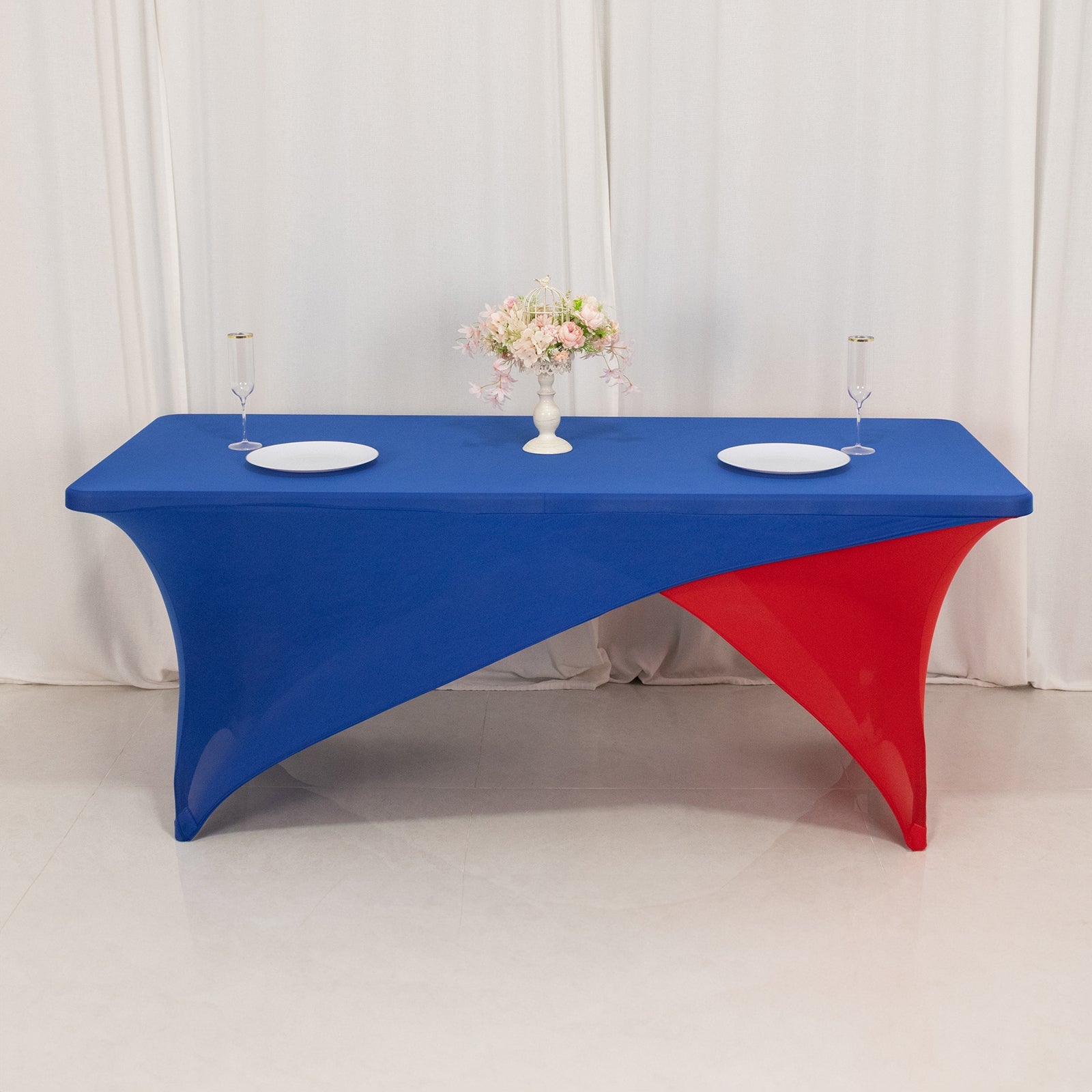 Stretch Spandex 72x30 Rectangle Table Cover Royal Blue/Red Cross Over Design - Two-Piece Fitted Tablecloth with Elastic Foot Pockets