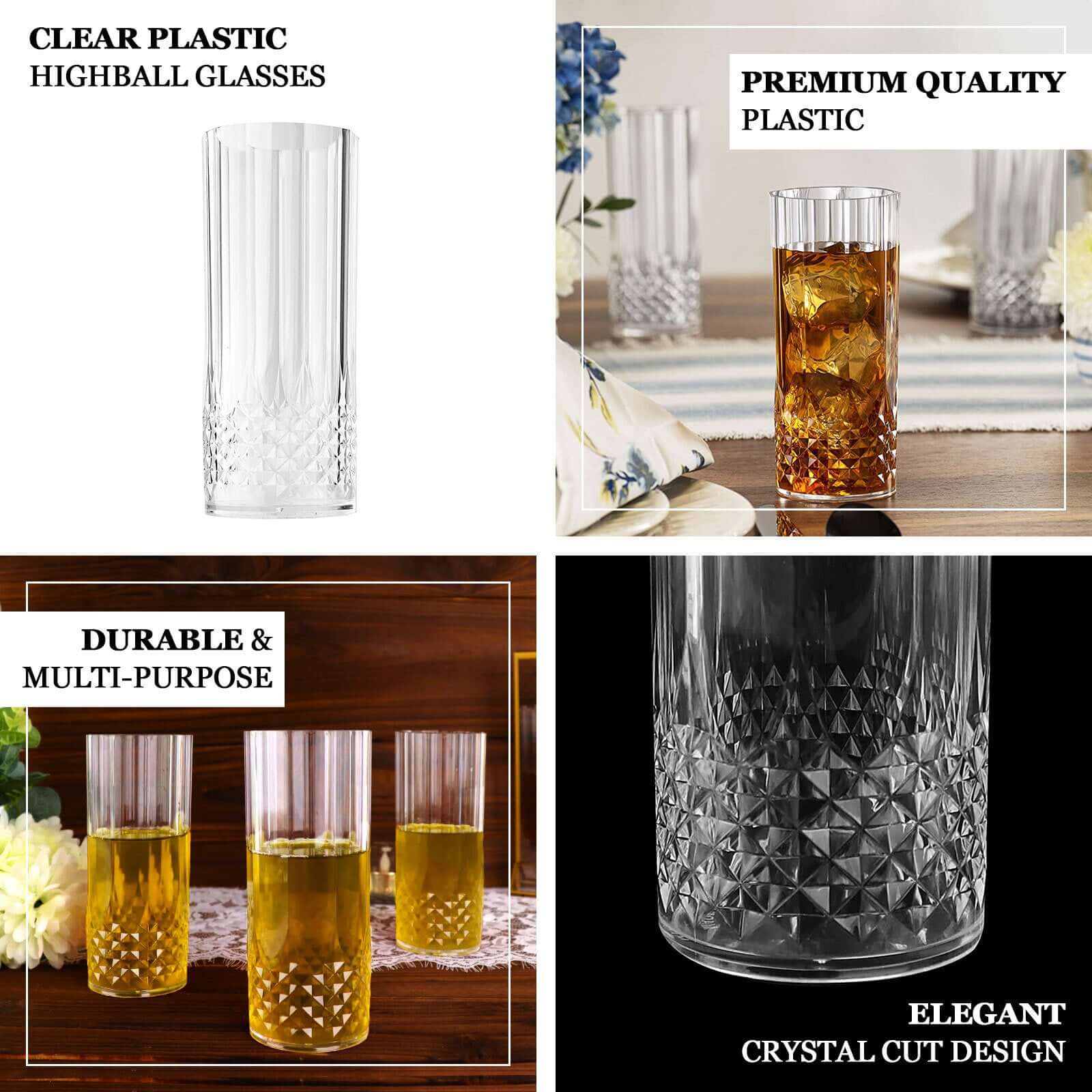 6-Pack Plastic Cocktail Tumblers Dusty Blue Transparent Crystal Cut Style - Shatterproof Highball Glasses 14oz