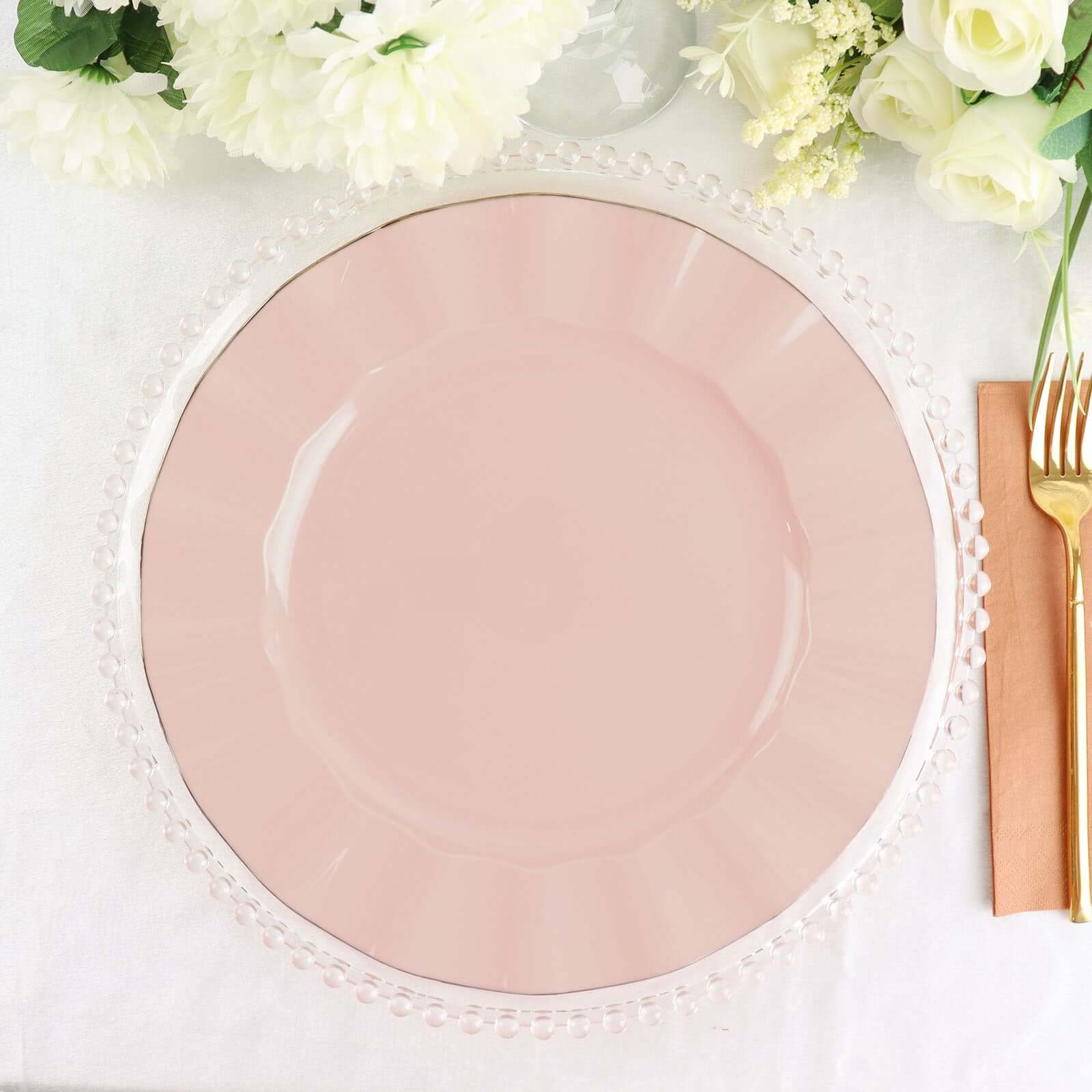 10-Pack Plastic 11 Round Dinner Plates in Blush Ruffled Rim with Gold Edging - Sturdy Disposable Dinnerware