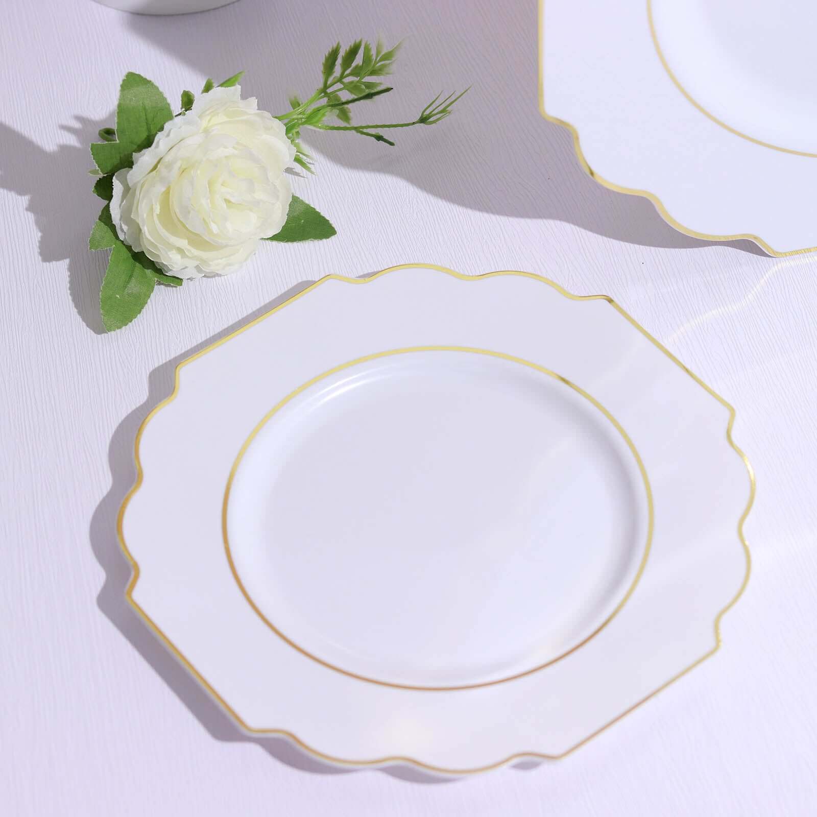 10-Pack Plastic Dinner Plates in White Baroque Design with Scalloped Gold Rim - Heavy Duty Disposable Party Plates for Events & Banquets 11