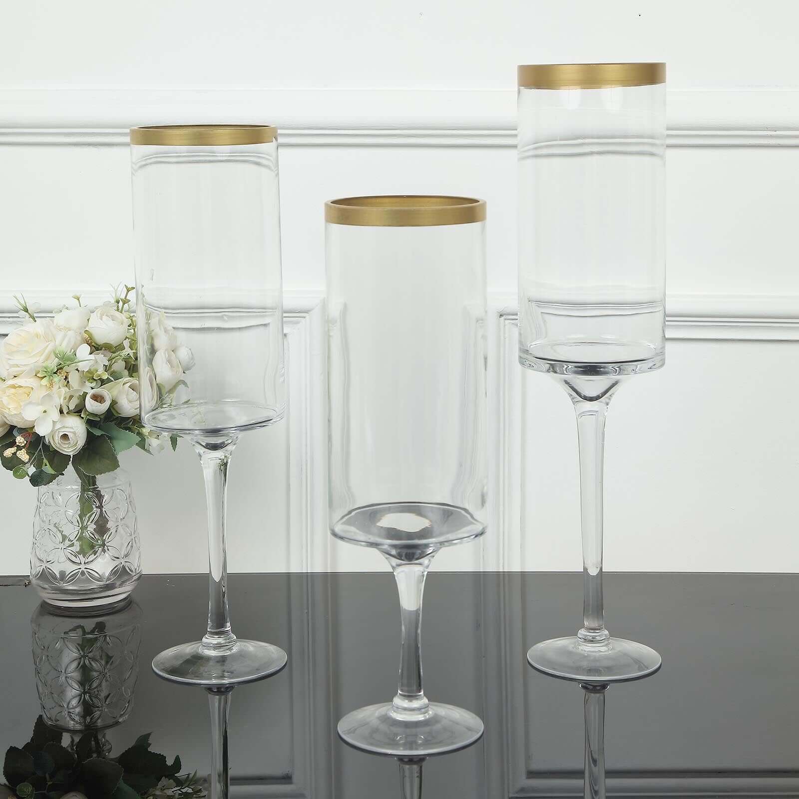 Set of 3 Glass Hurricane Candle Holders Long Stem Clear with Gold Rim - Decorative Pedestal Floral Centerpieces 16, 18, 20