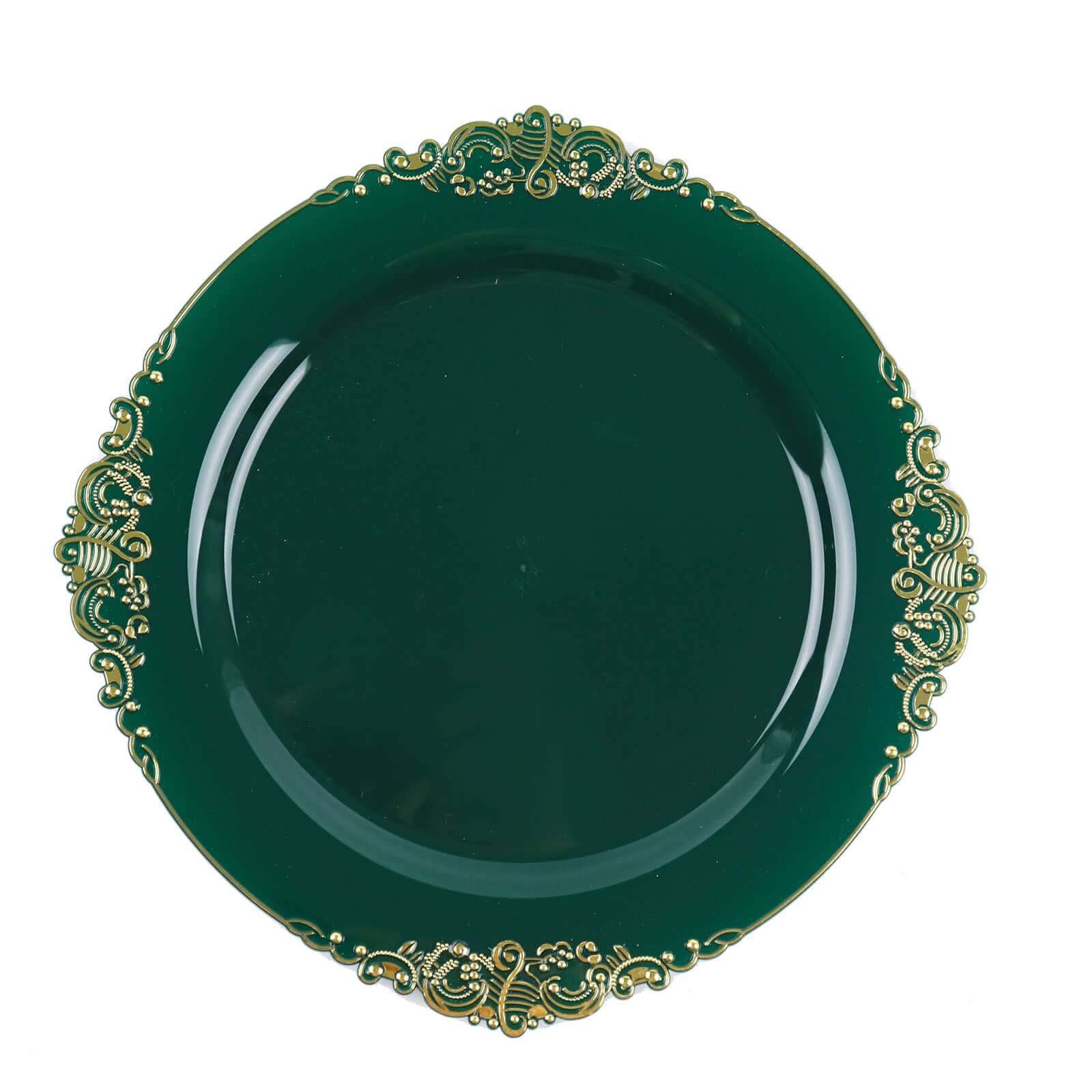 10-Pack Plastic 10 Round Dinner Plates in Hunter Emerald Green with Gold Leaf Embossed Rim - Disposable Vintage Baroque Style Plates