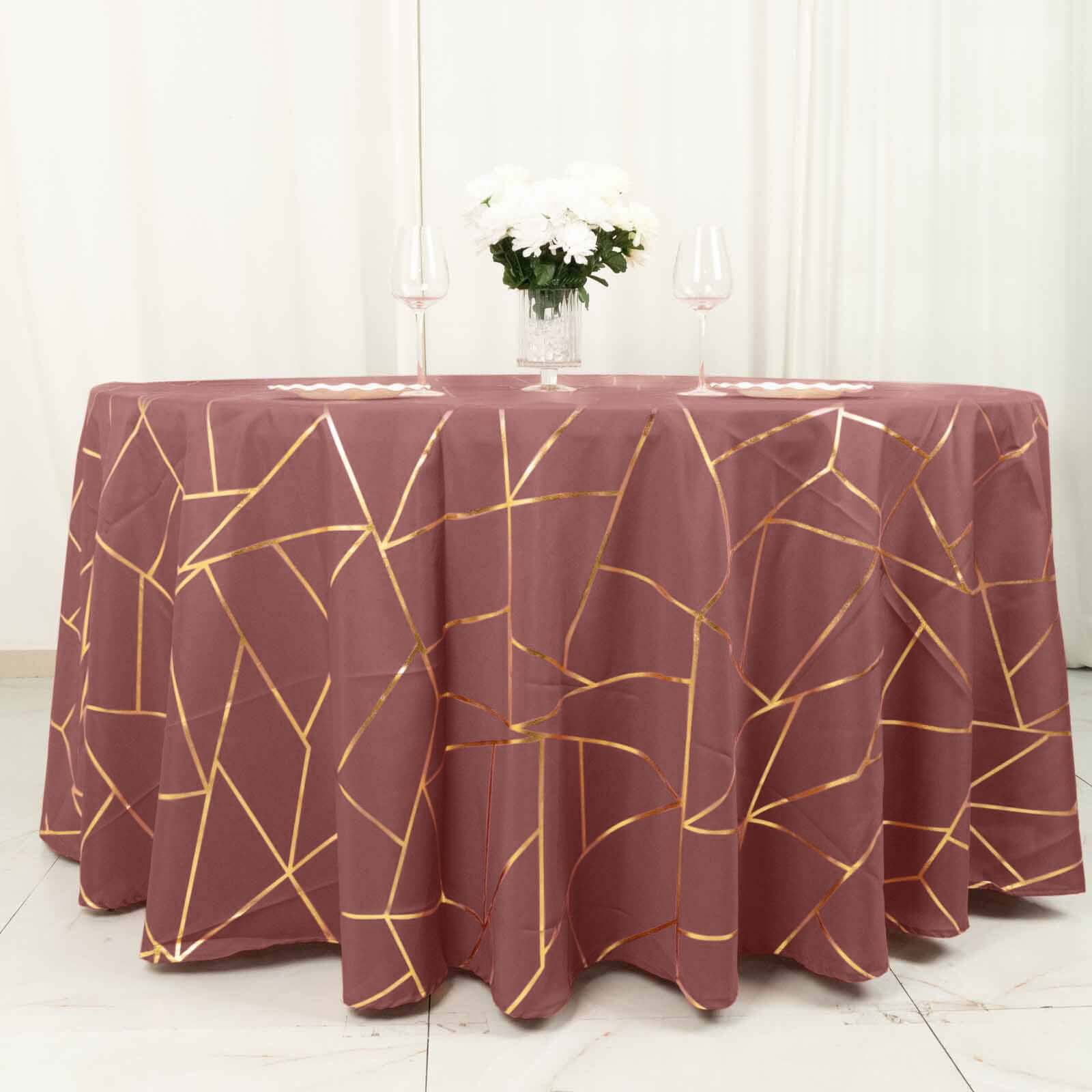 Polyester 120 Round Tablecloth Cinnamon Rose with Gold Foil Geometric Pattern Wrinkle-Resistant Seamless Table Cover