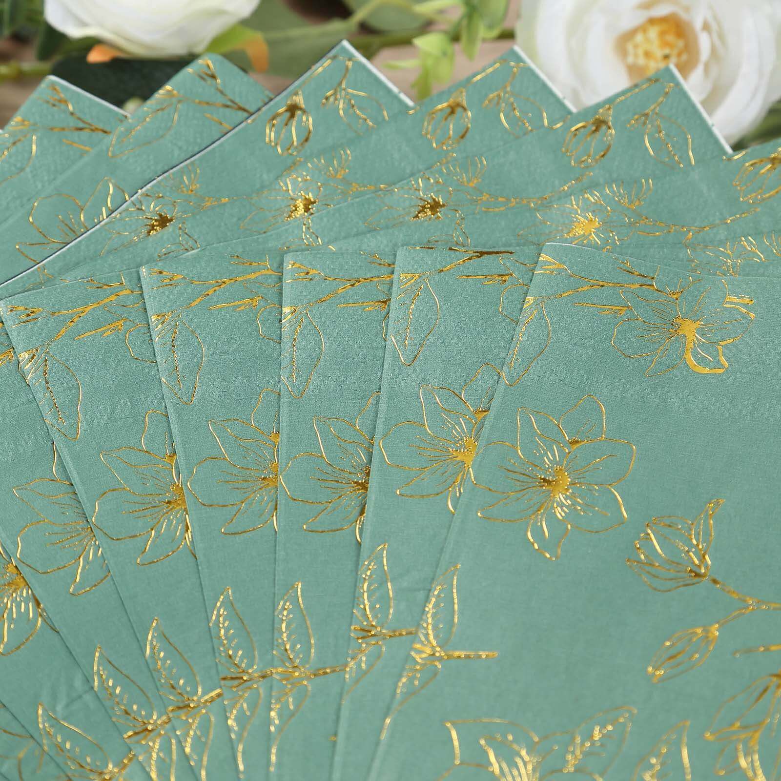 50-Pack Paper Cocktail Napkins with Gold Magnolia Flowers Print Dusty Sage Green - Highly 2 Ply Absorbent Soft Napkins for Beverages