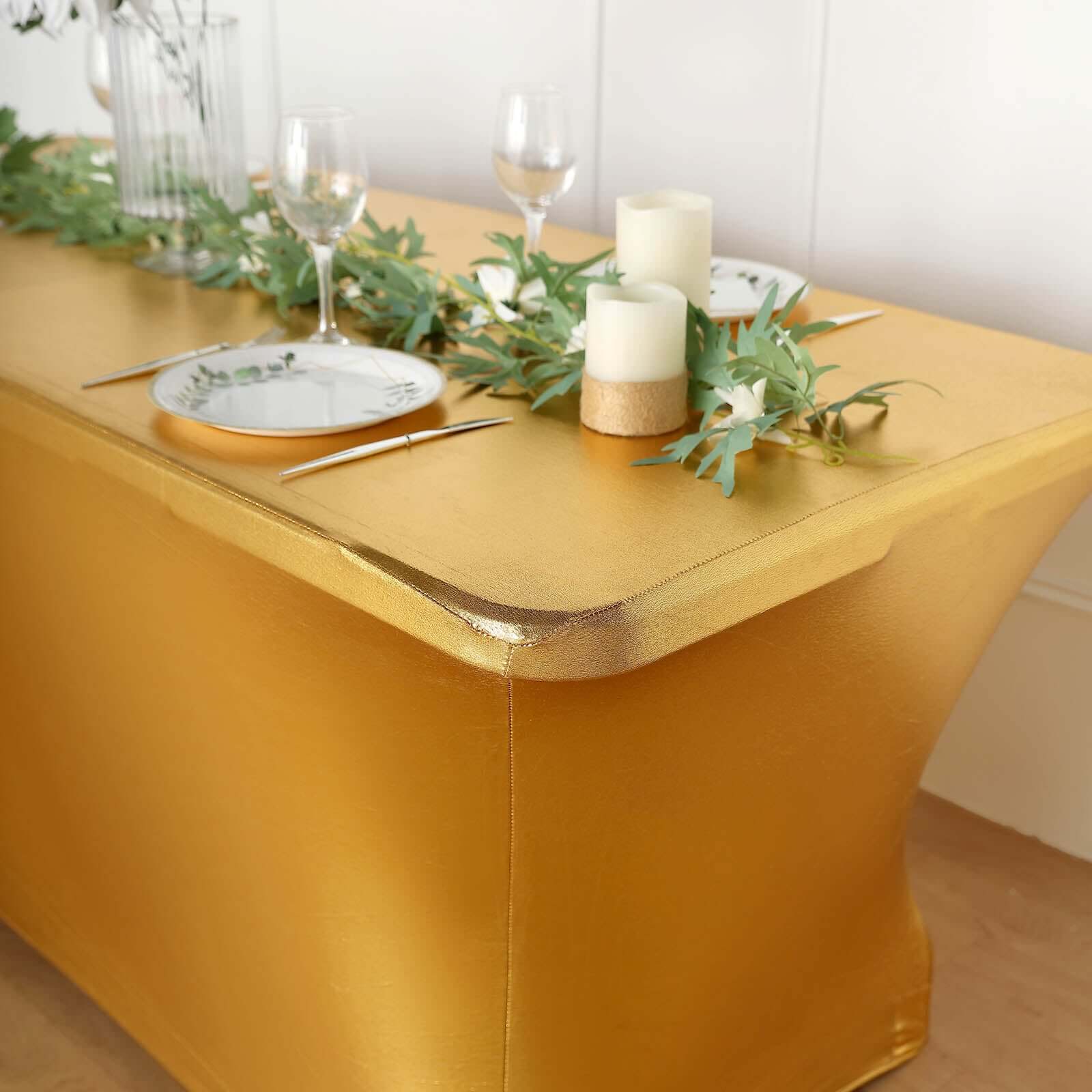 Stretch Spandex 72x30 Rectangle Tablecloth Metallic Gold - Glamorous Form-Fitting Table Cover for Upscale Gatherings